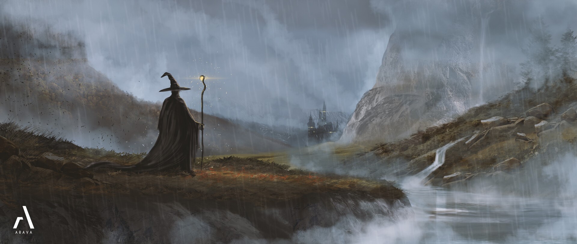 Gandalf the wizard in a fantasy landscape HD Wallpaper