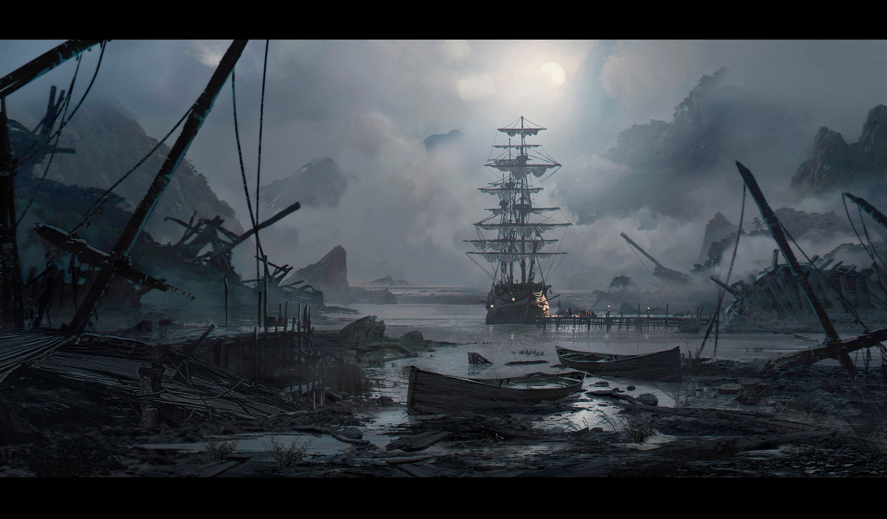 Digital art of a ghost ship in a misty bay with shipwrecks HD Wallpaper
