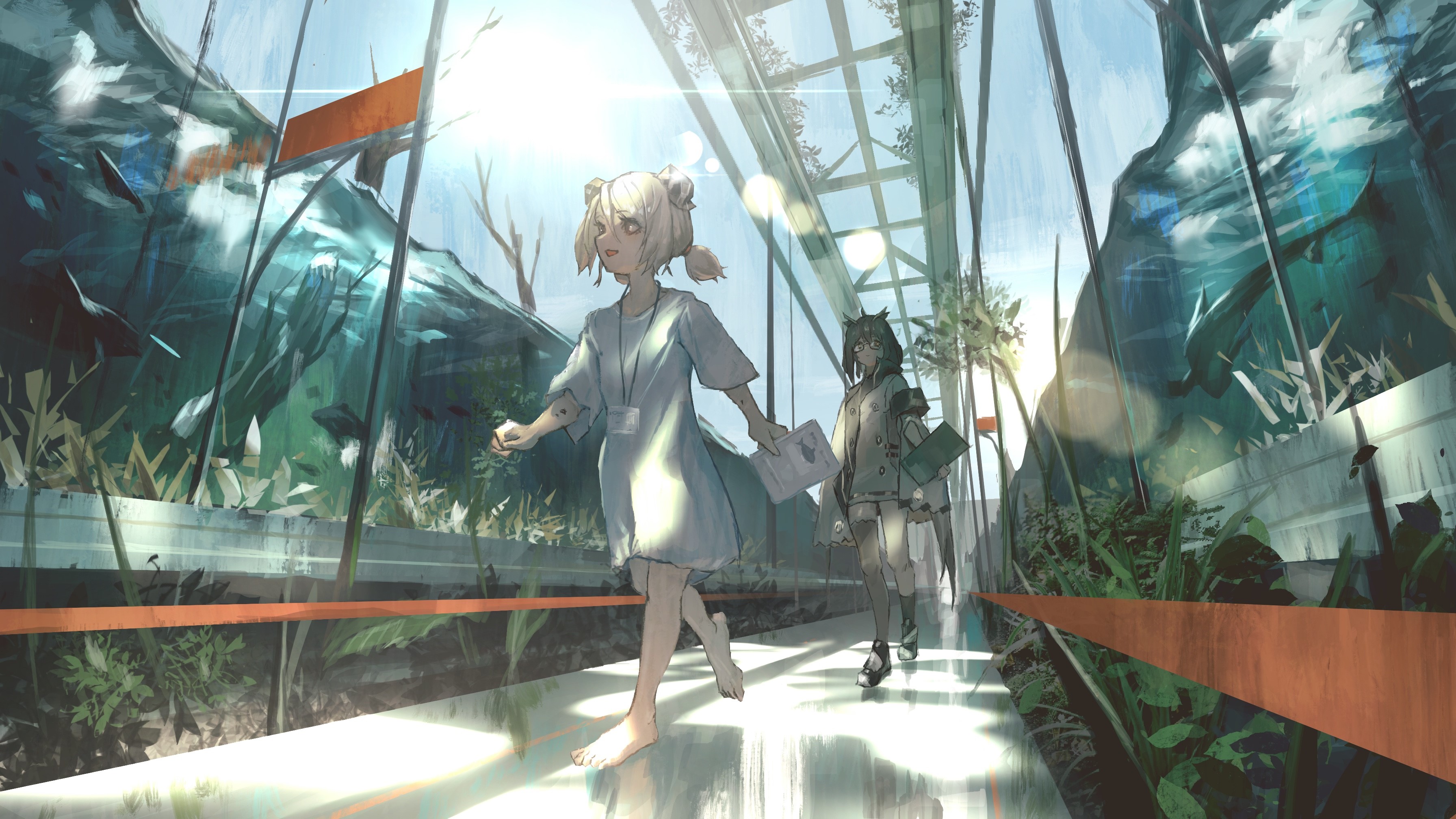 Silent and Ifrit from Arknights in a greenhouse HD Wallpaper