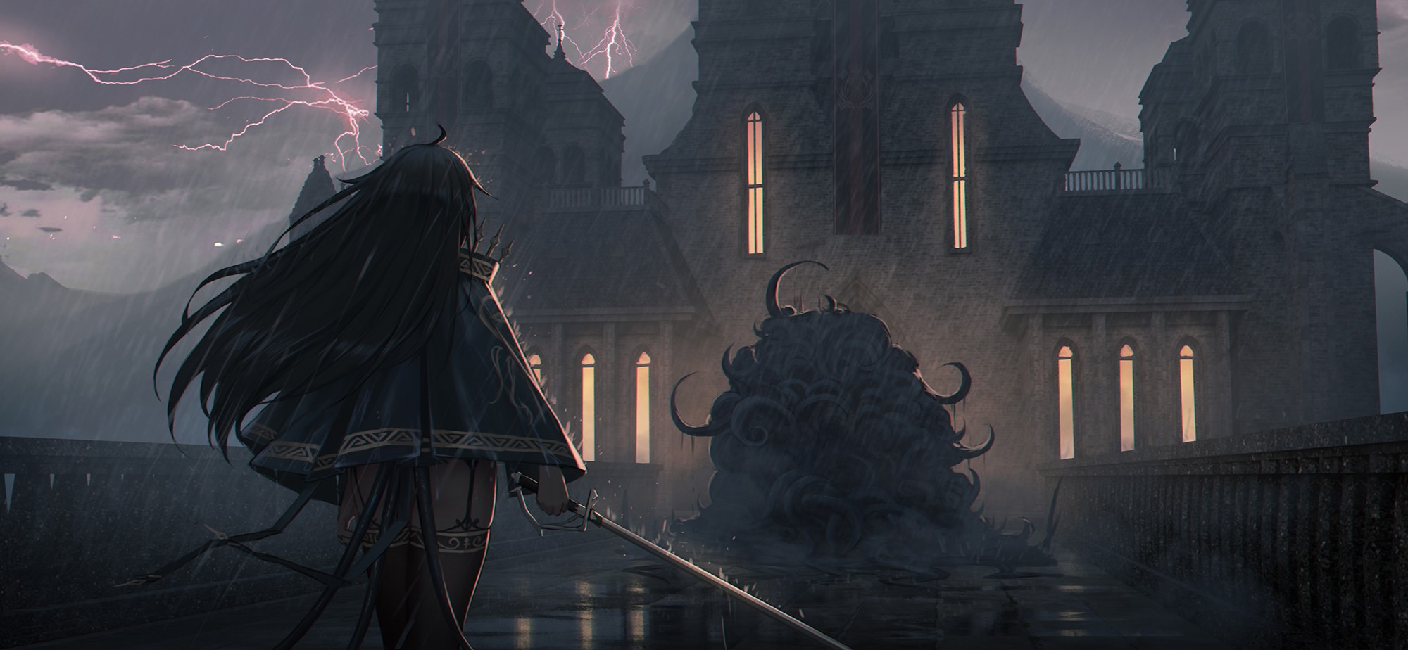 Anime girl with sword facing a creature in the rain HD Wallpaper