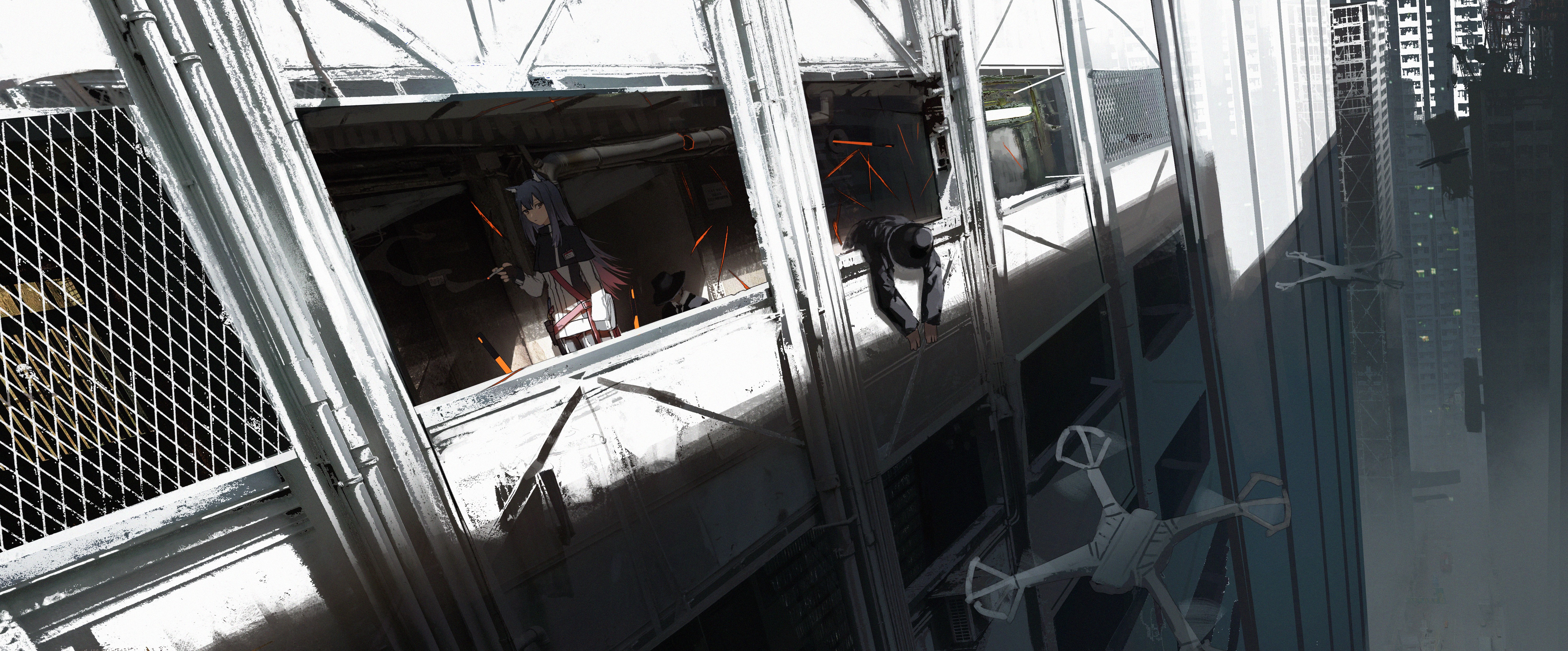Texas from Arknights in a ruined city with drones HD Wallpaper