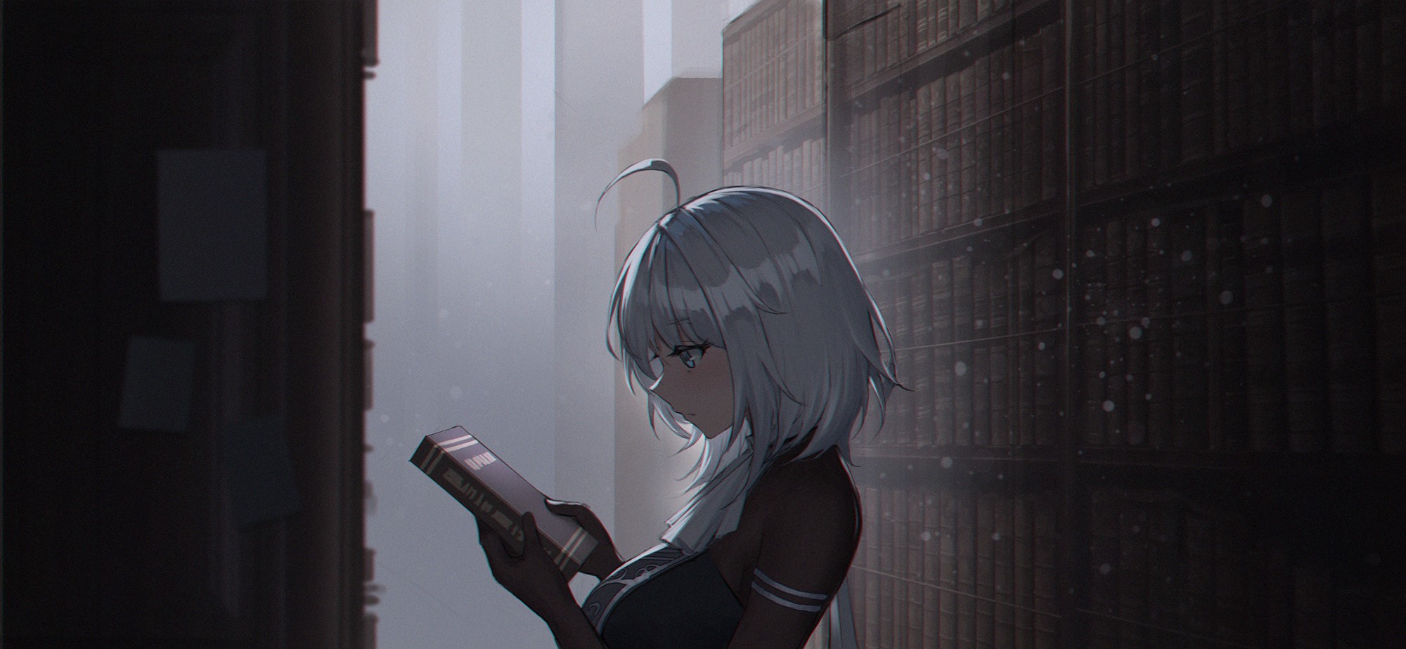 Anime girl with silver hair reading a book in a library HD Wallpaper