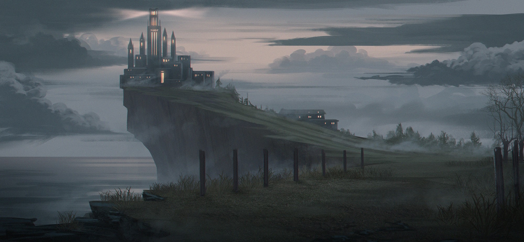 Castle on a cliff with a lighthouse HD Wallpaper