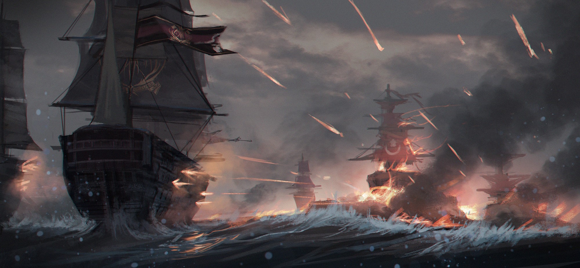 Naval battle with burning ships and falling projectiles HD Wallpaper