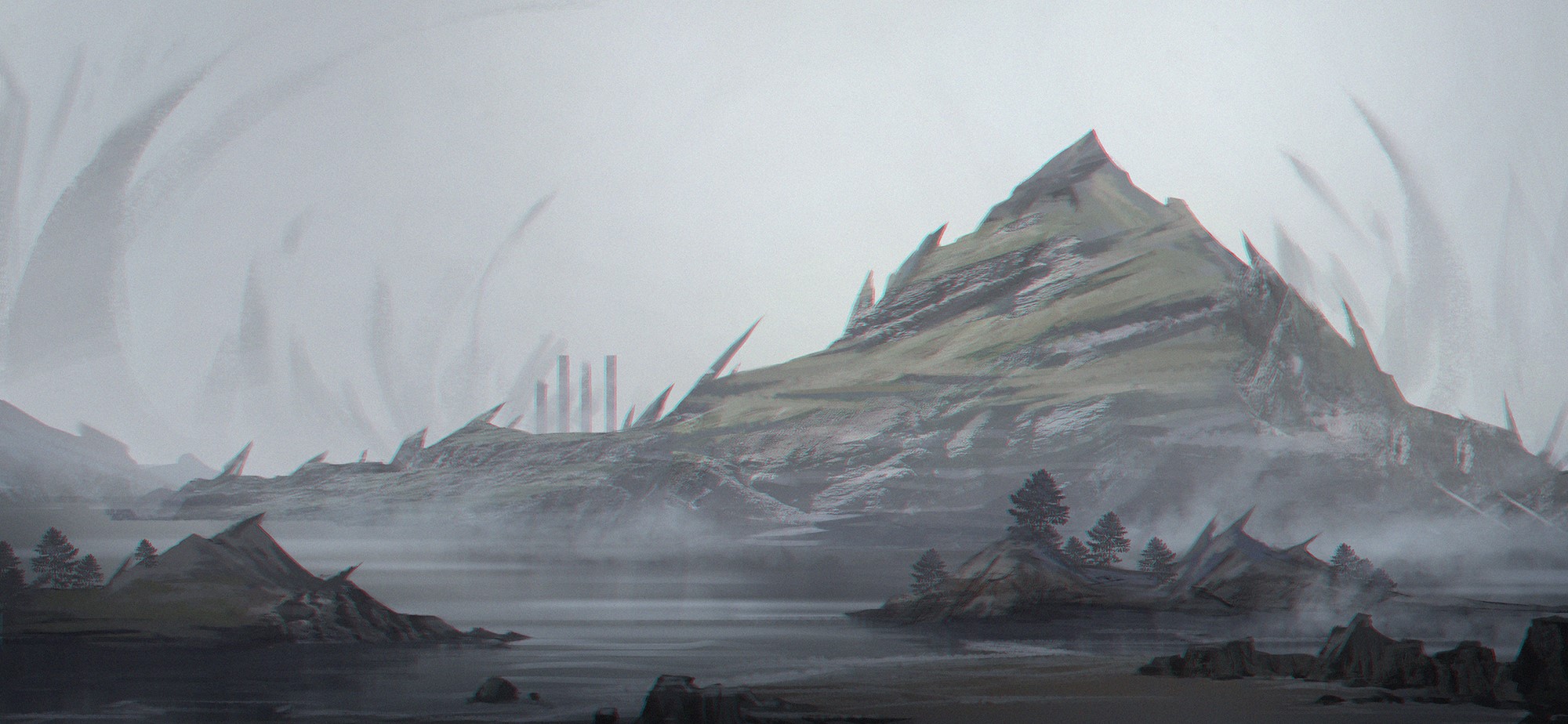 Anime landscape with sharp mountains and fog HD Wallpaper