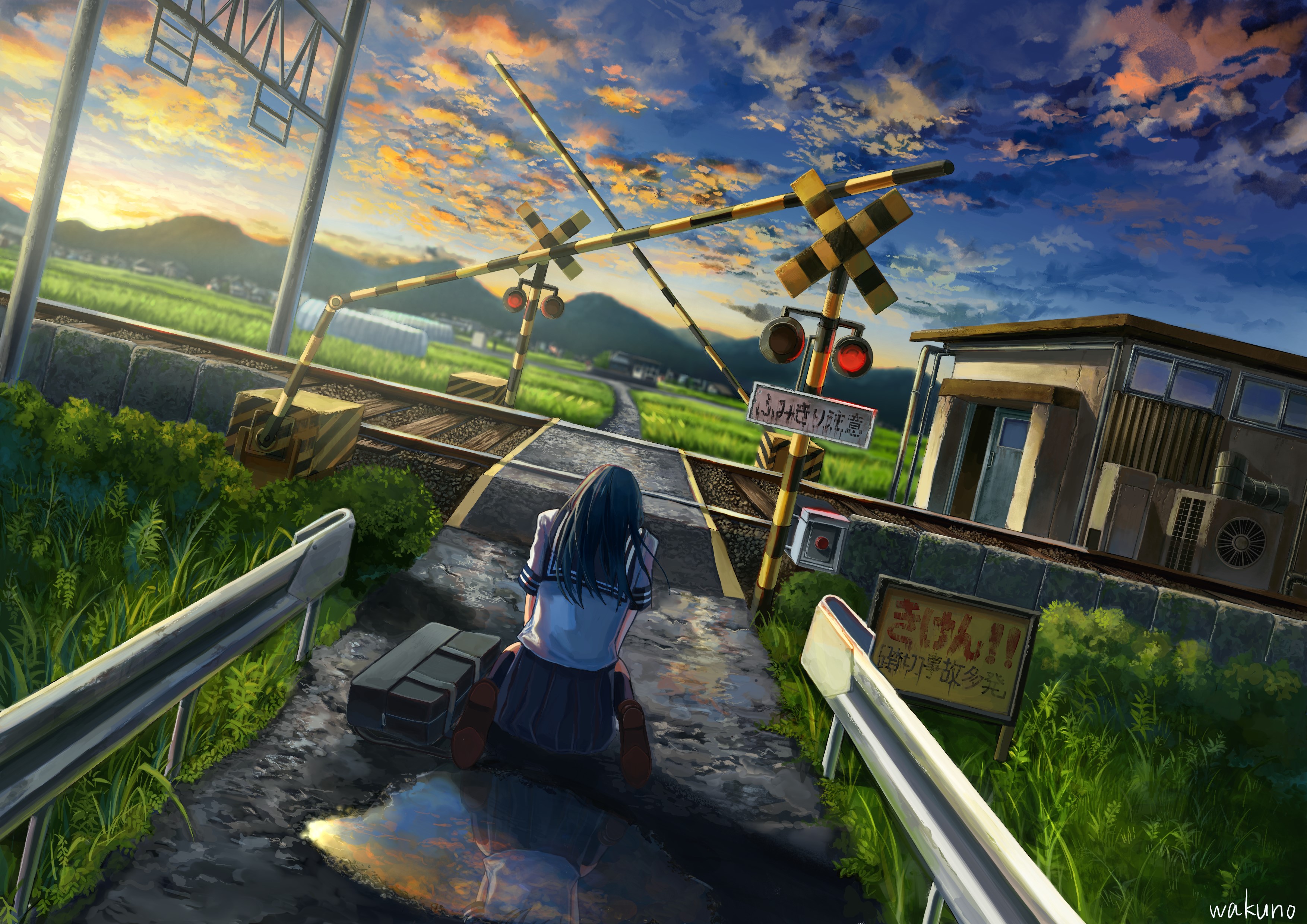 Anime girl in school uniform at a train crossing HD Wallpaper