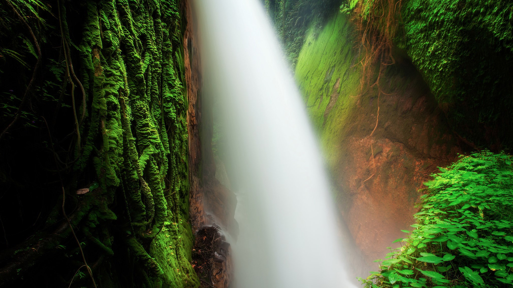 Waterfall cascading down moss-covered cliffs HD Wallpaper