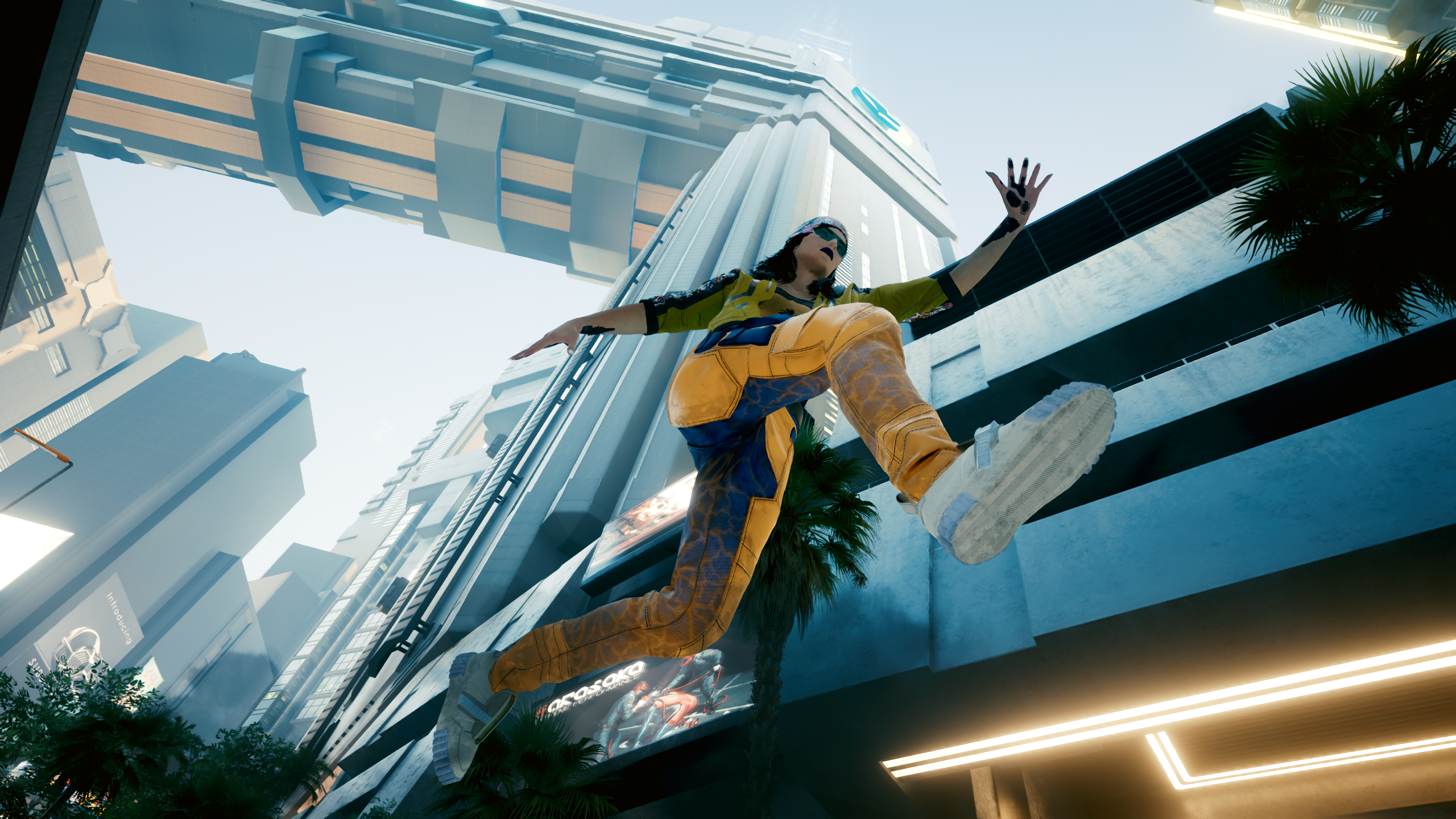 Woman jumping in Cyberpunk 2077 city HD Wallpaper