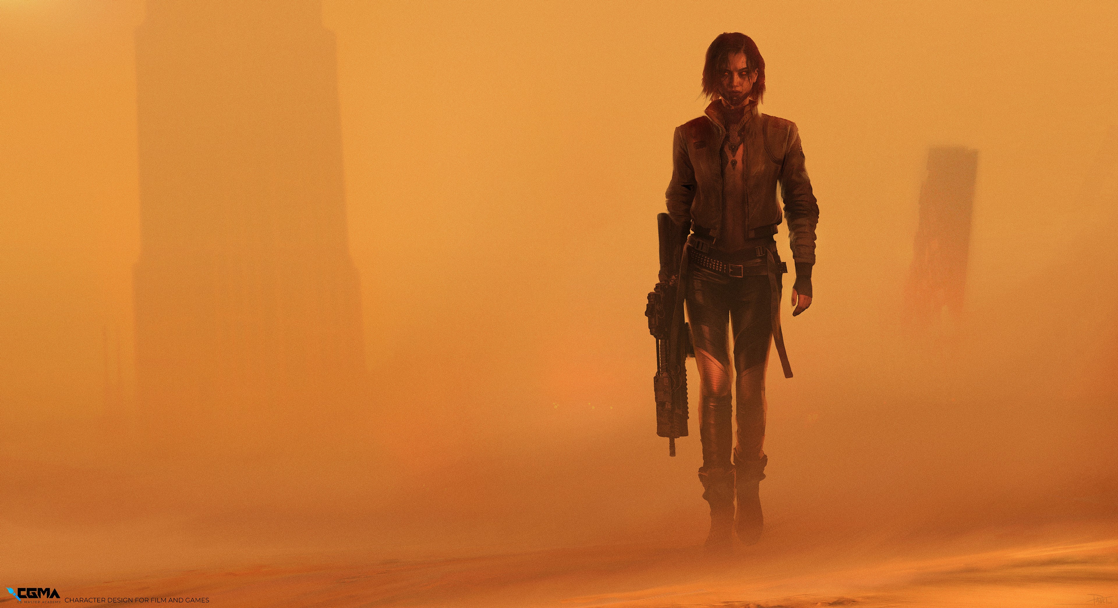 Woman with assault rifle in a sandstorm HD Wallpaper