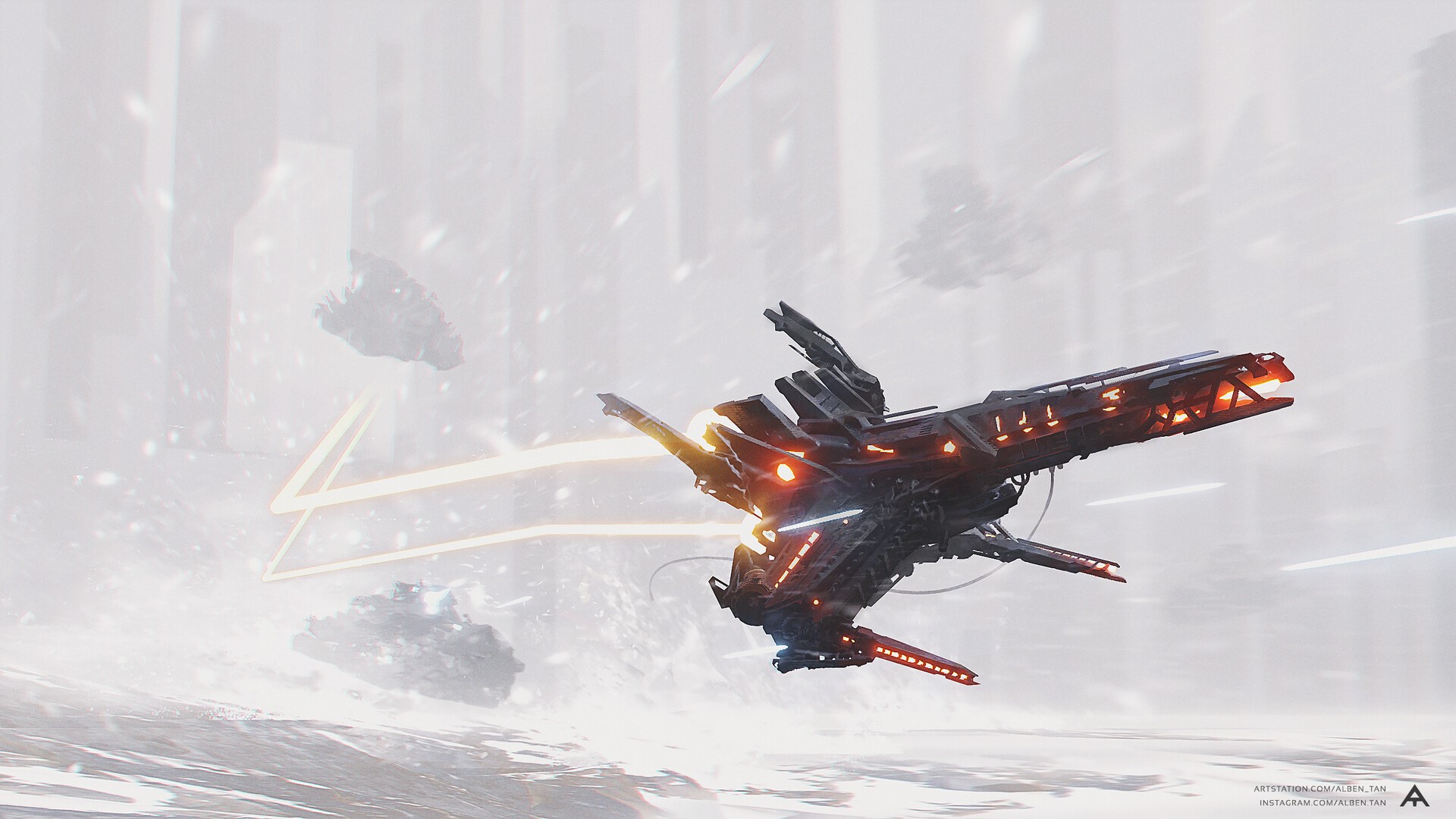 Science fiction artwork of a futuristic spaceship in a snowy landscape HD Wallpaper