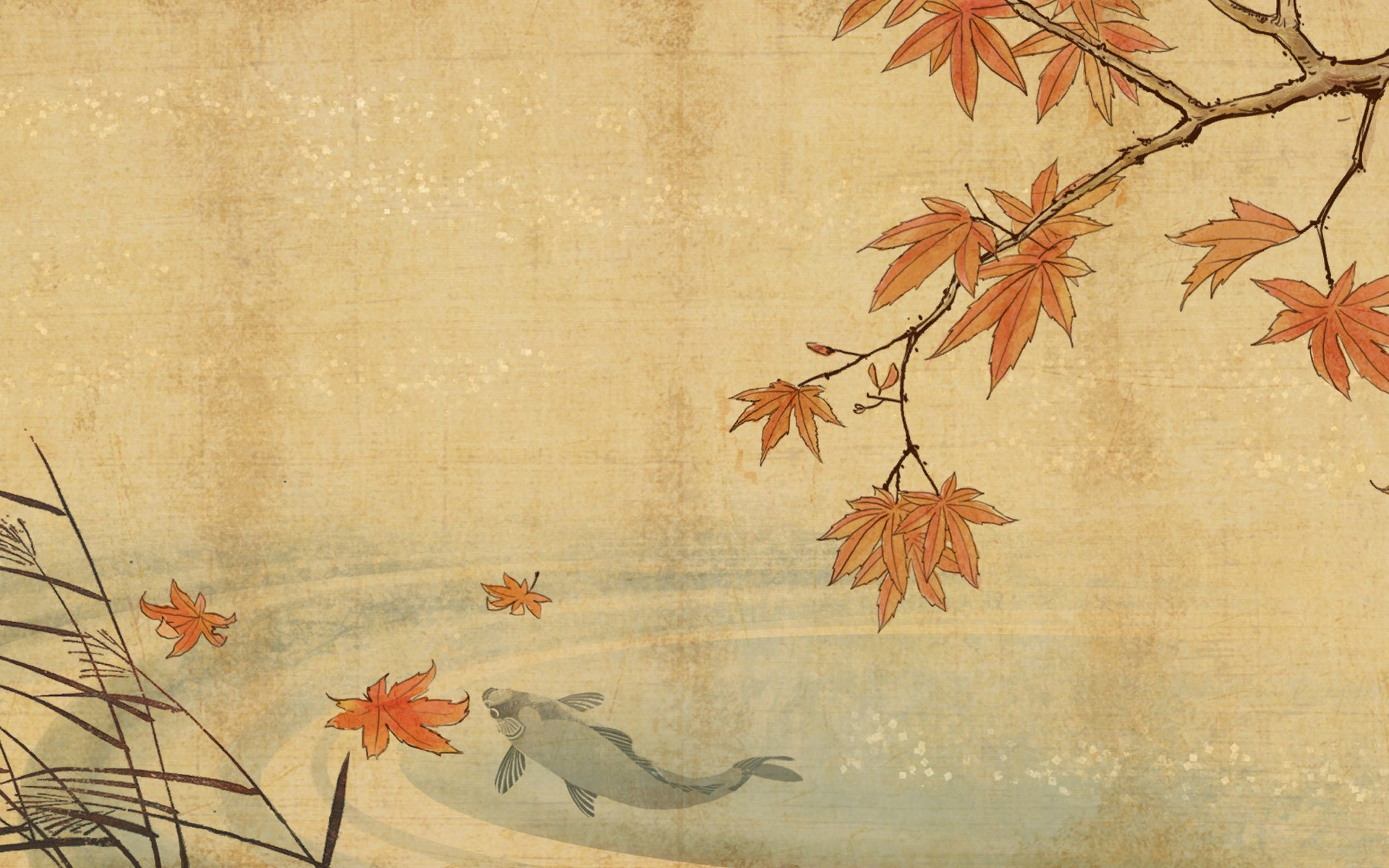 Japanese painting of koi fish and maple leaves HD Wallpaper