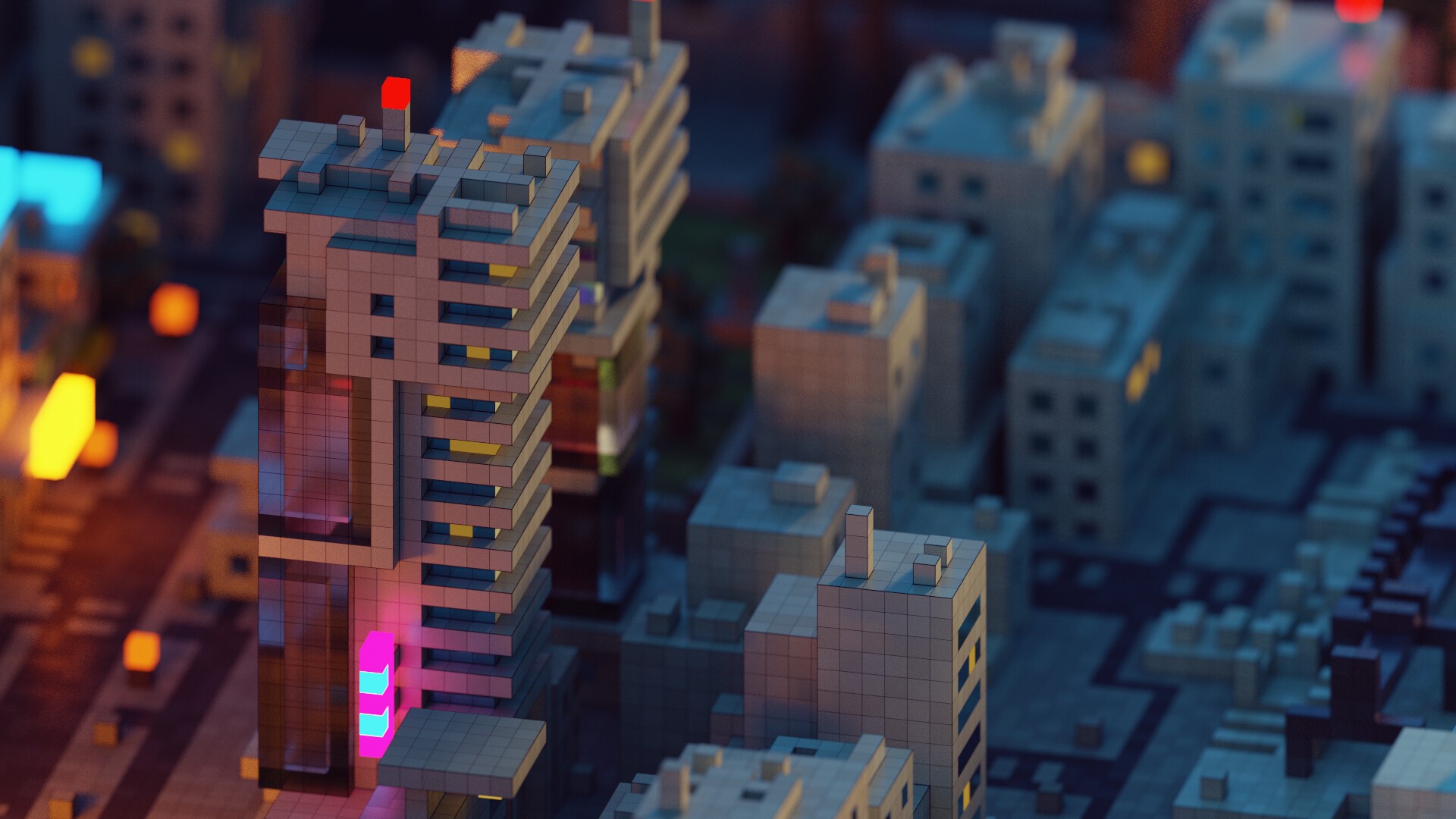 Voxel cityscape with neon lights HD Wallpaper