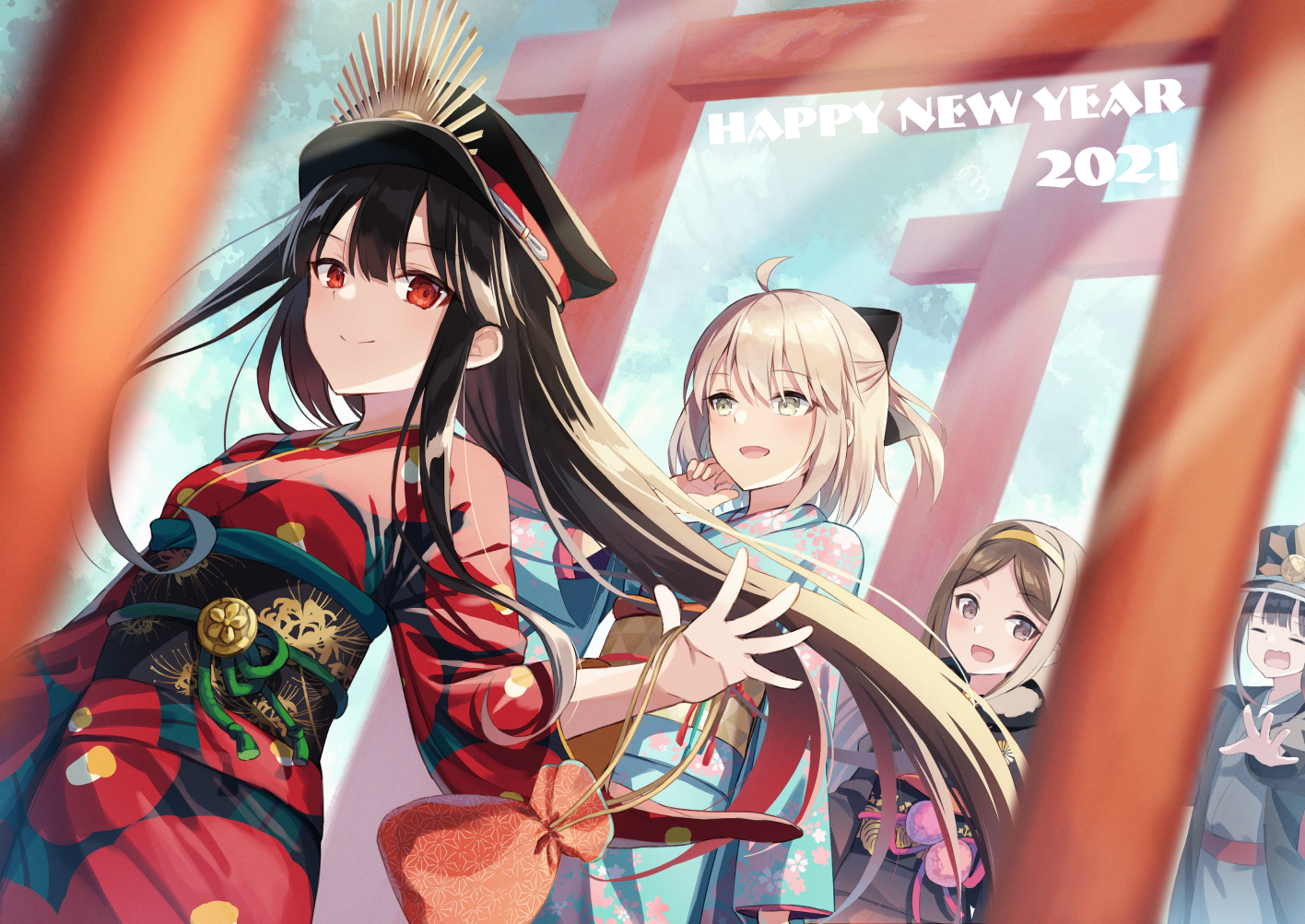 Anime girls in kimonos celebrating New Year 2021 HD Wallpaper
