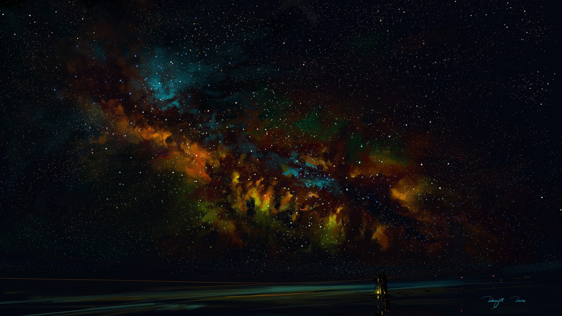 Digital art of a starry night sky with a nebula HD Wallpaper