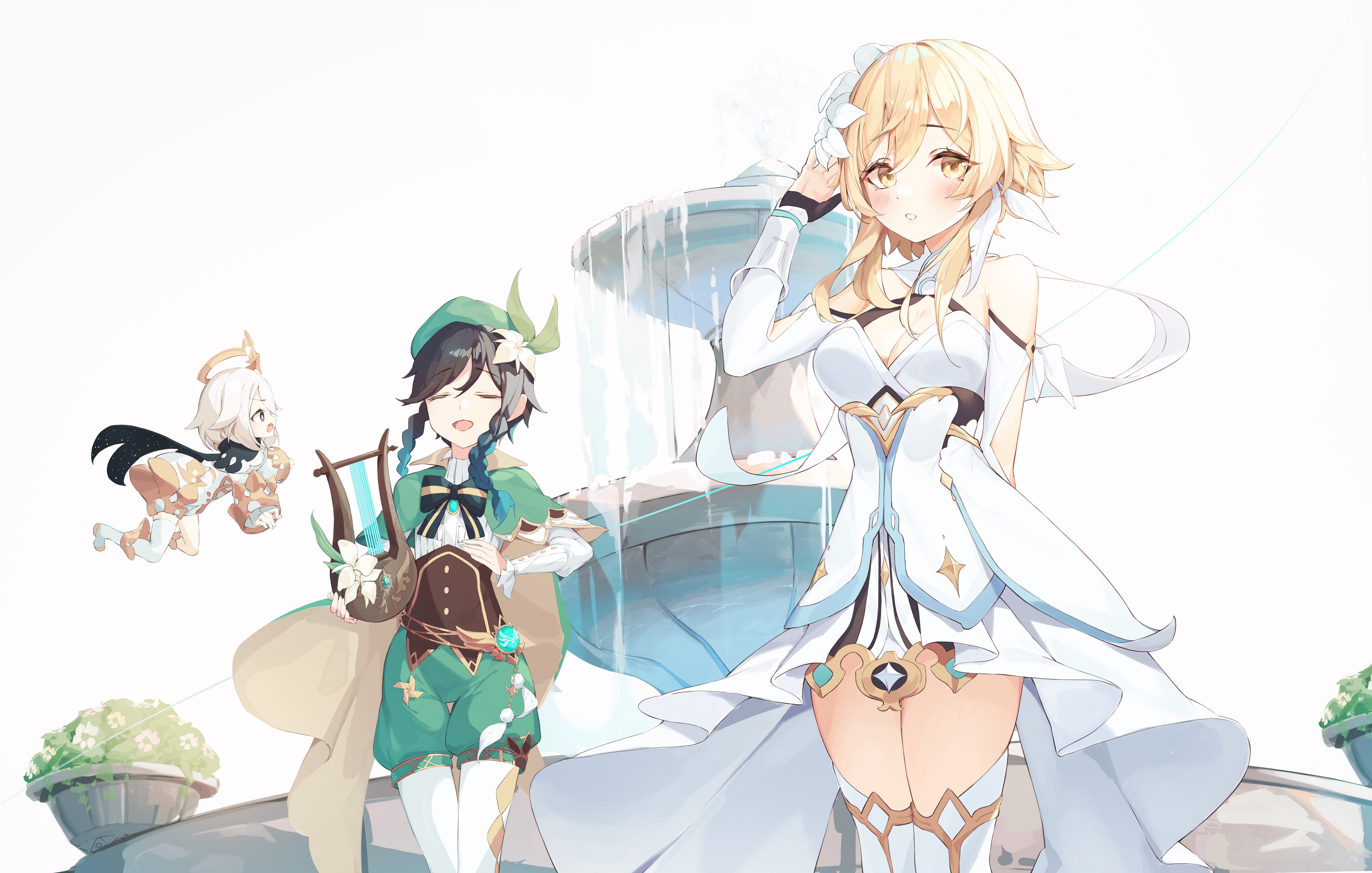 Lumine, Paimon, and Venti from Genshin Impact HD Wallpaper