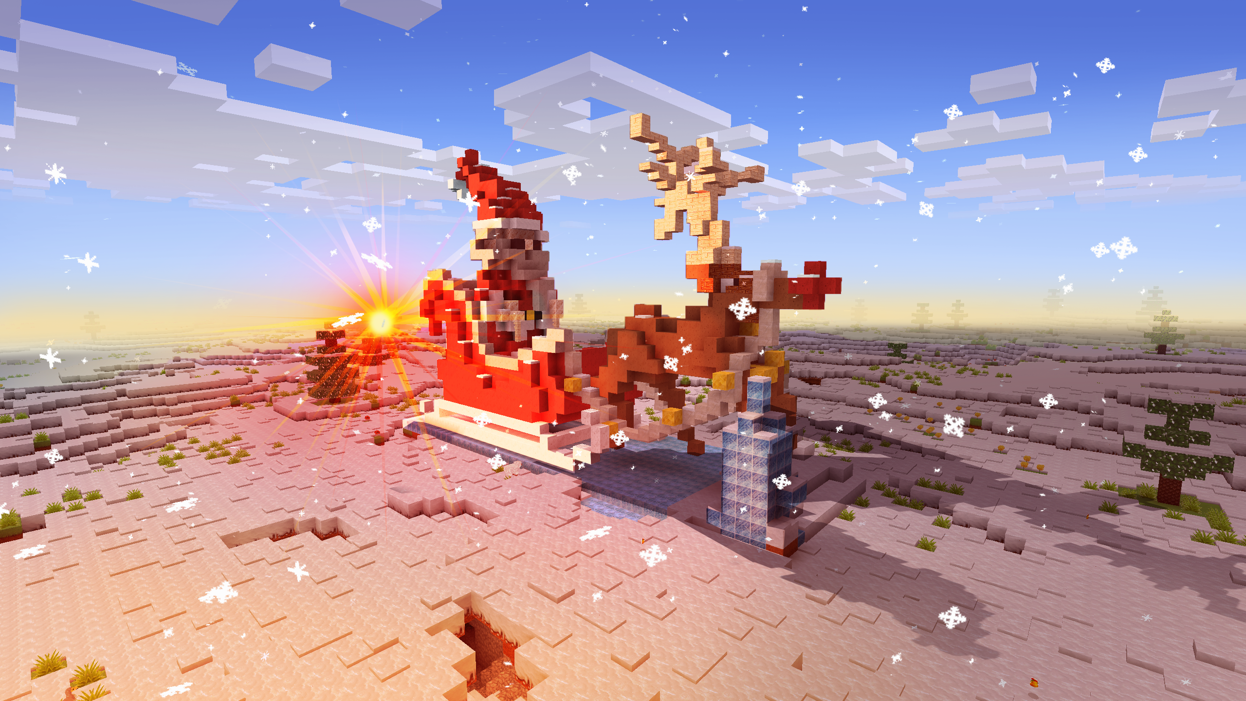 Santa Claus in a sleigh with reindeer in Minecraft HD Wallpaper