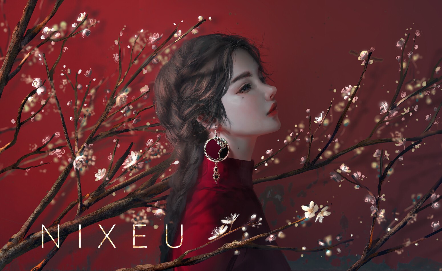 Nixeu artwork of a woman with flowers HD Wallpaper