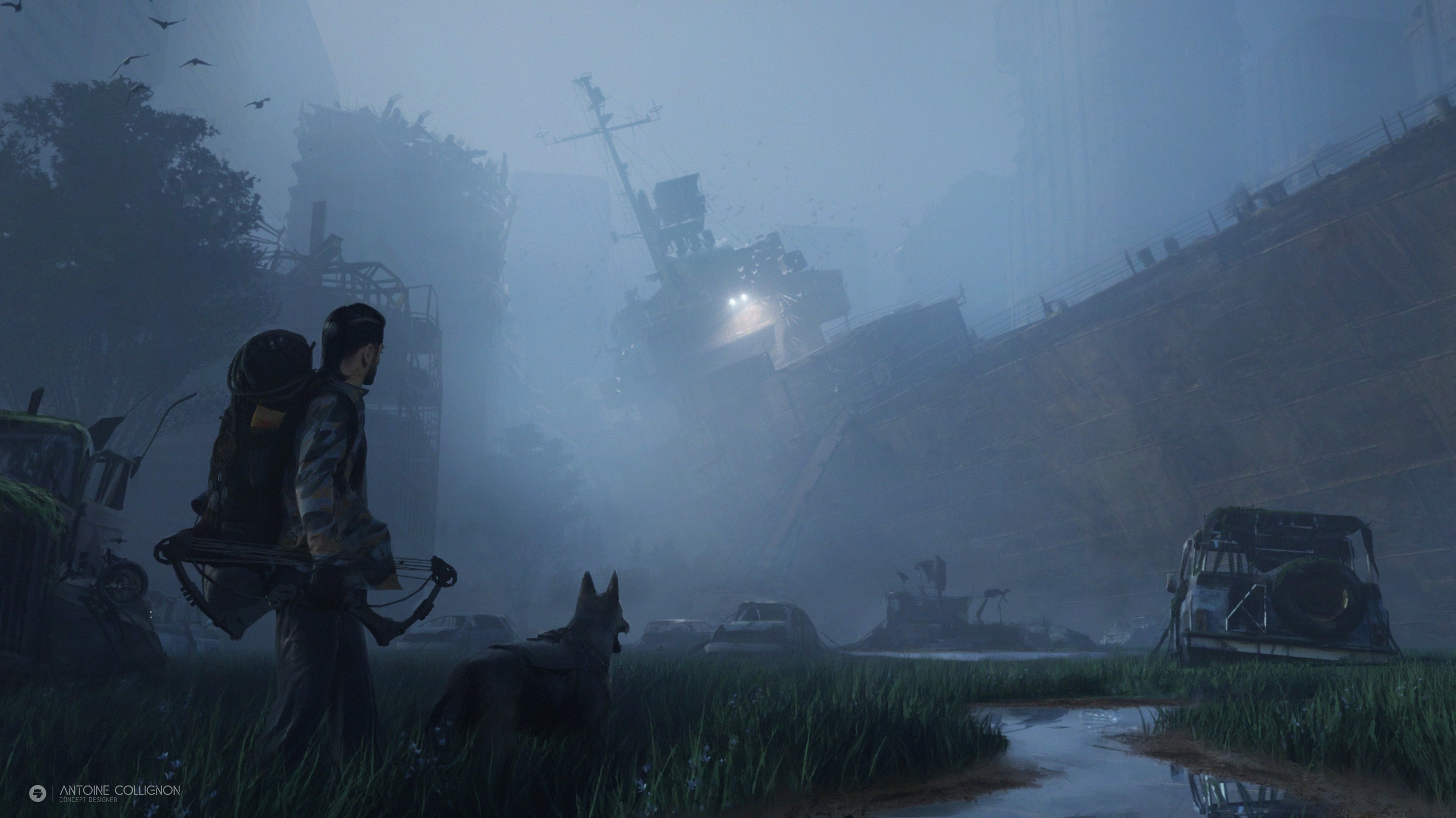 Man and dog in post-apocalyptic landscape with wrecked ships HD Wallpaper