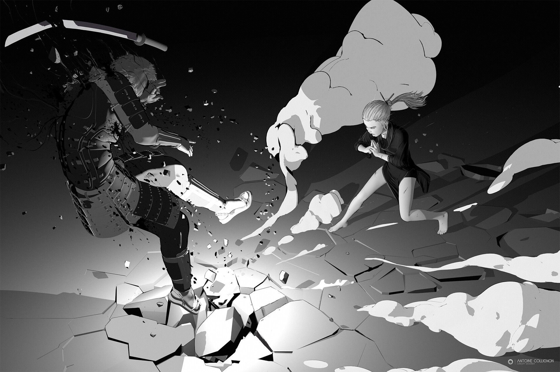 Monochrome artwork of a warrior and a girl fighting HD Wallpaper