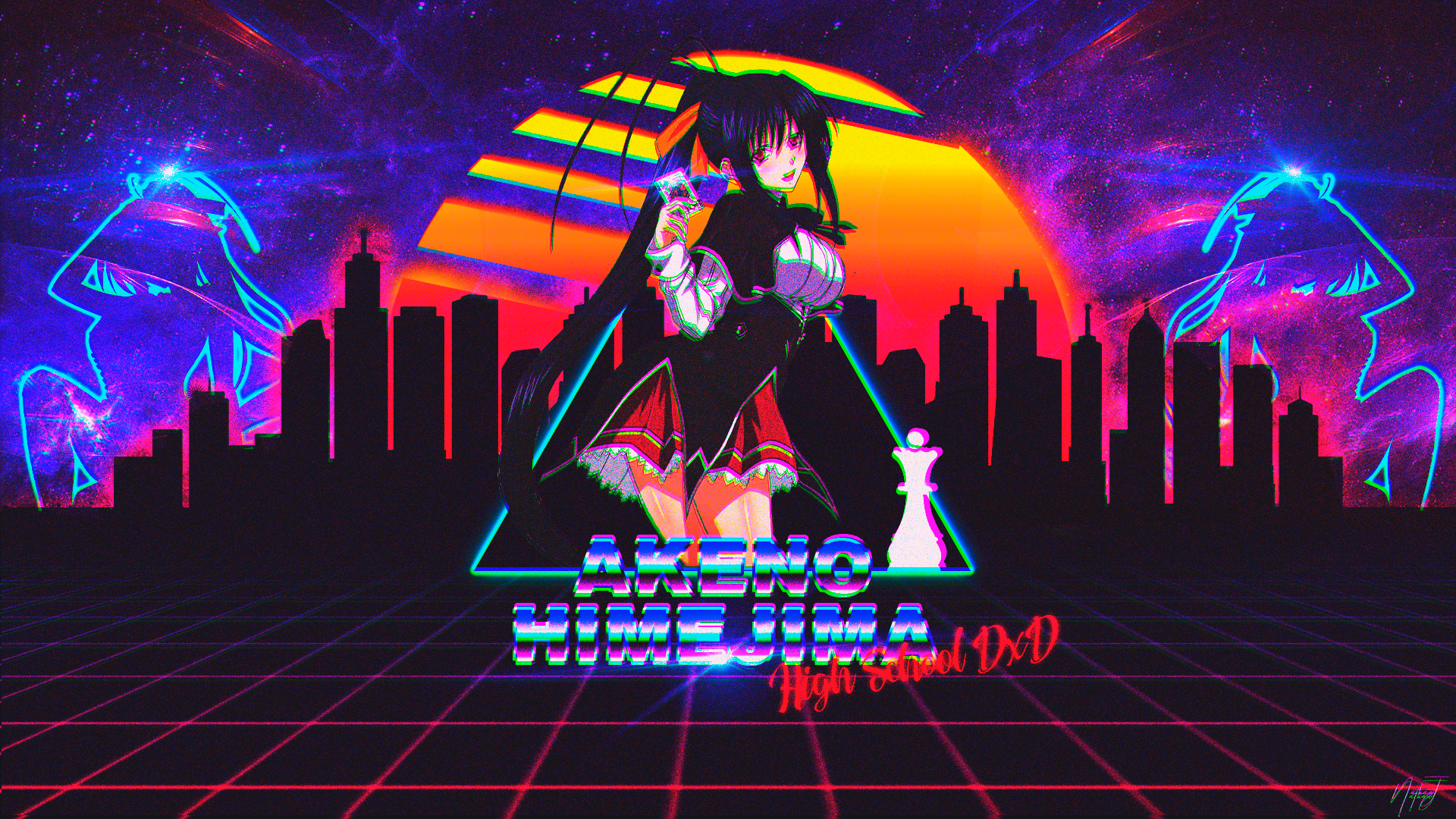 Akeno Himejima from High School DxD in Vaporwave Style HD Wallpaper