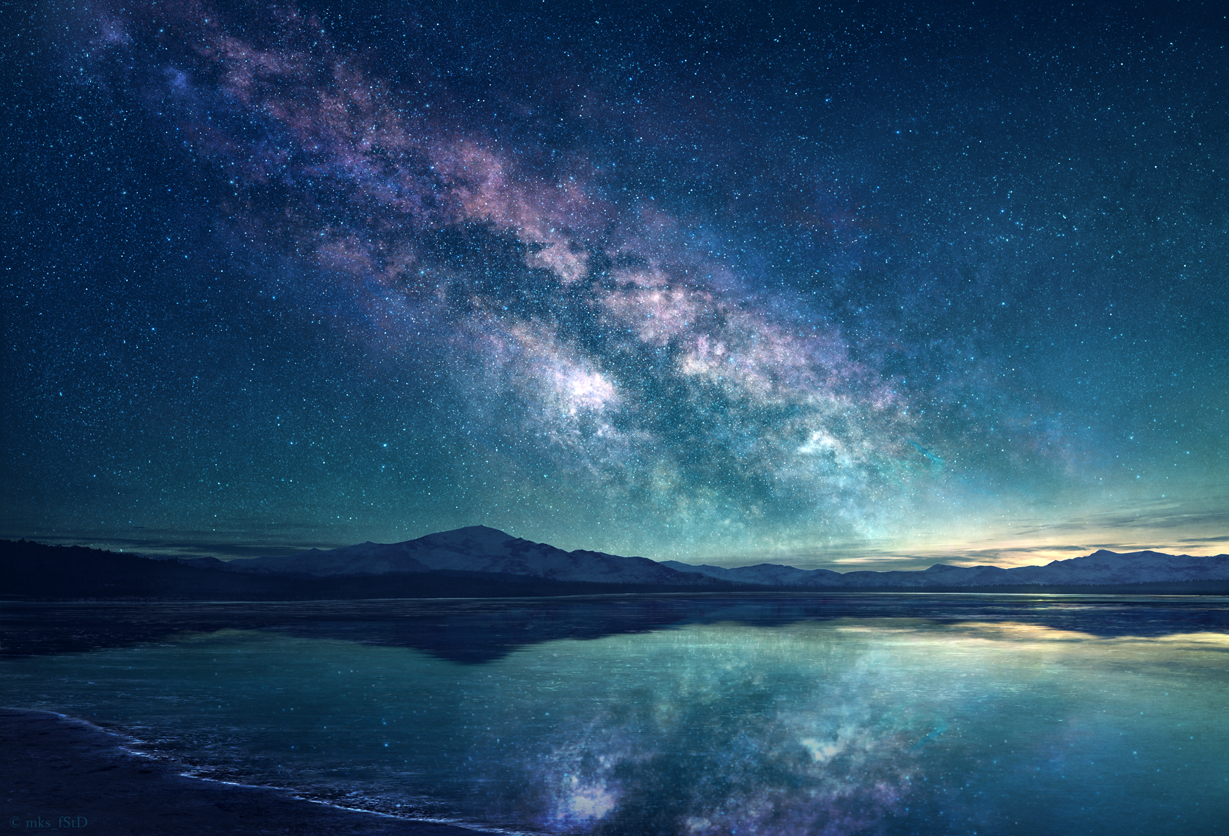 Milky Way over a reflective lake and mountains at night HD Wallpaper