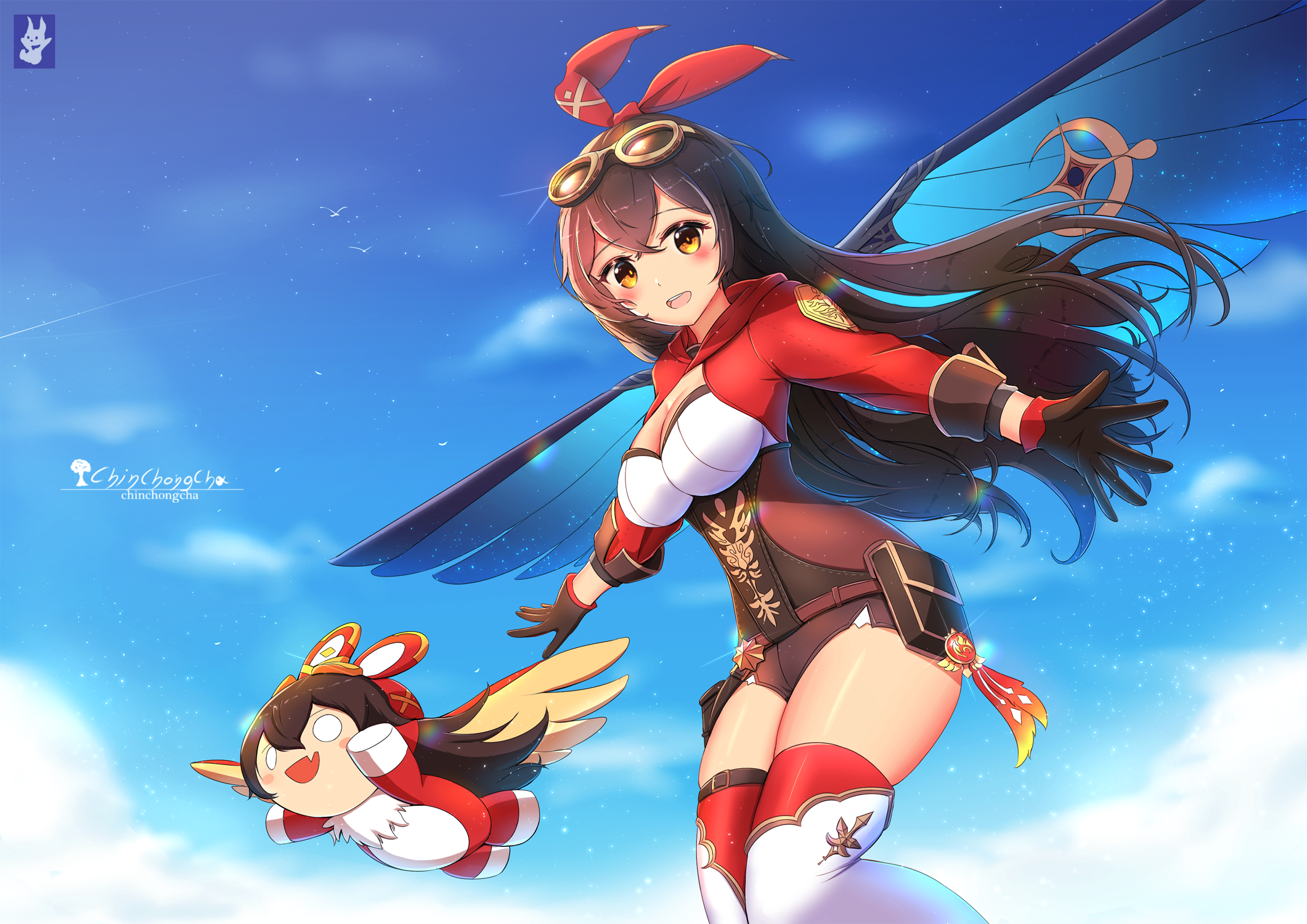 Amber from Genshin Impact flying with Baron Bunny HD Wallpaper