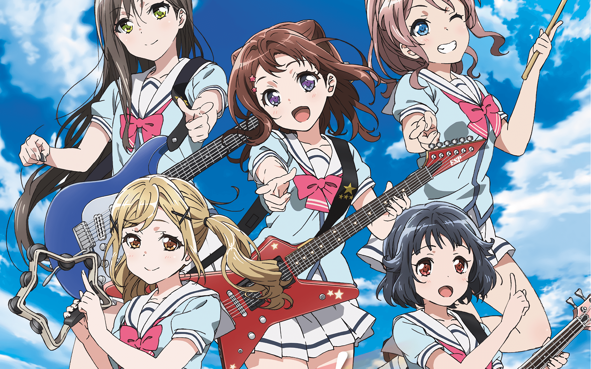 BanG Dream! characters with guitars and tambourine HD Wallpaper
