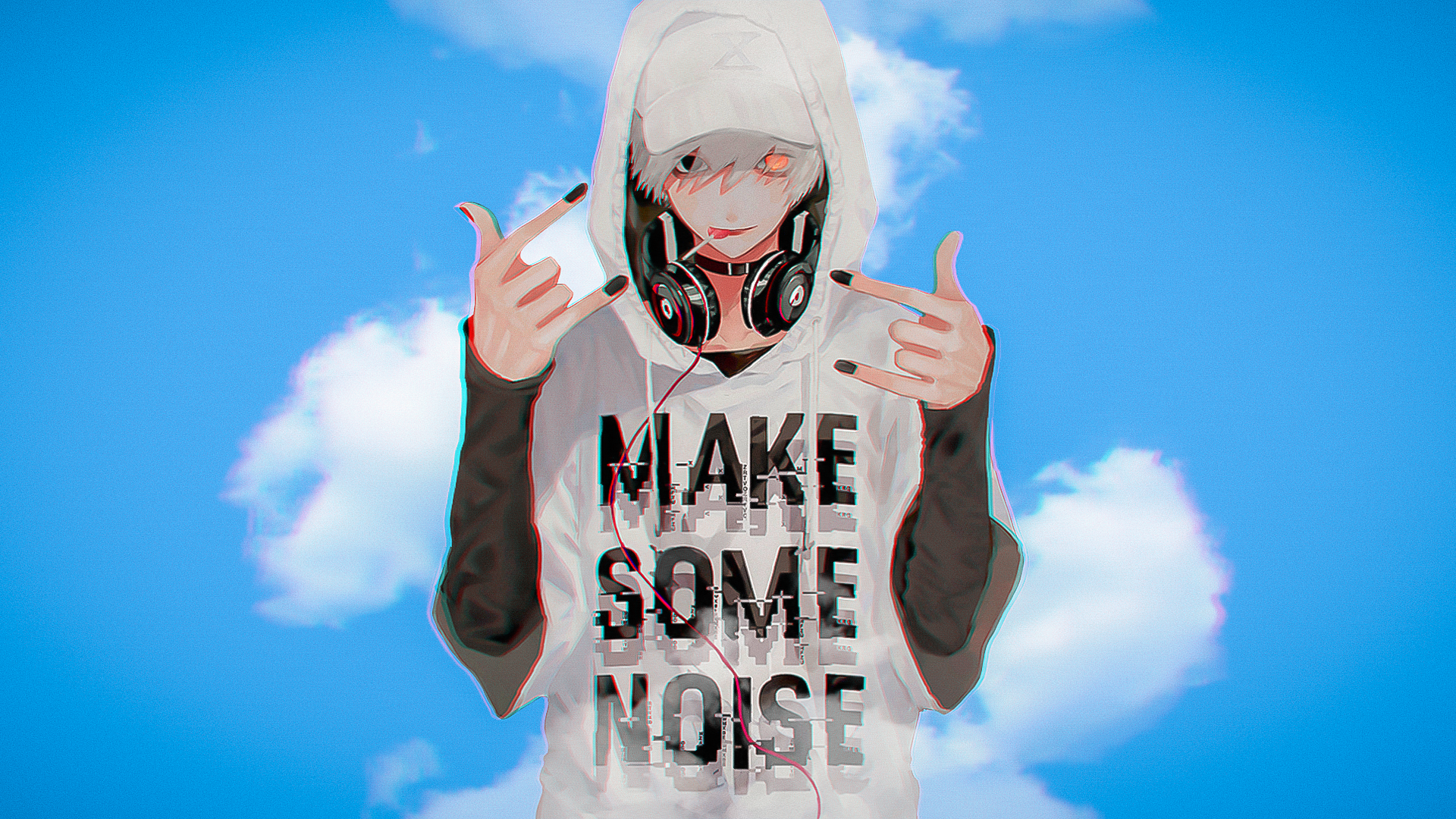 Anime boy with headphones and hoodie against blue sky HD Wallpaper