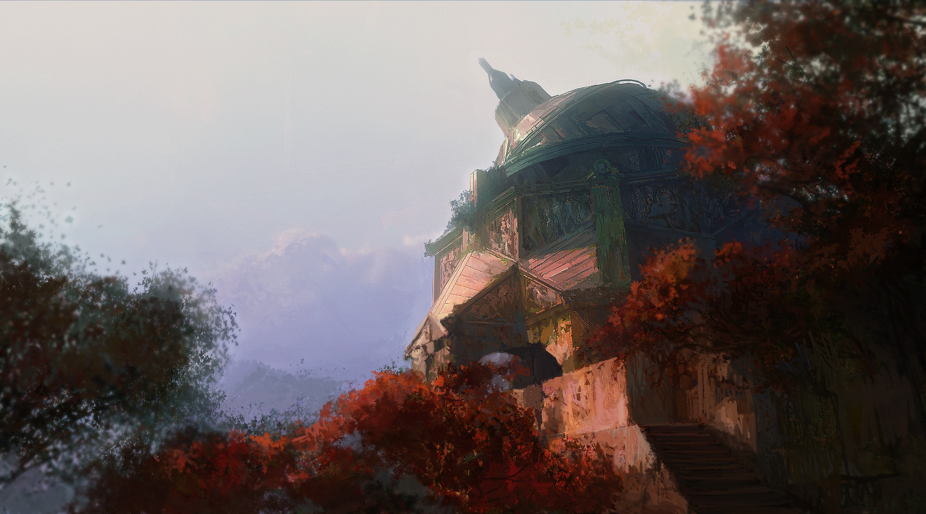 Fantasy art painting of an ancient building HD Wallpaper