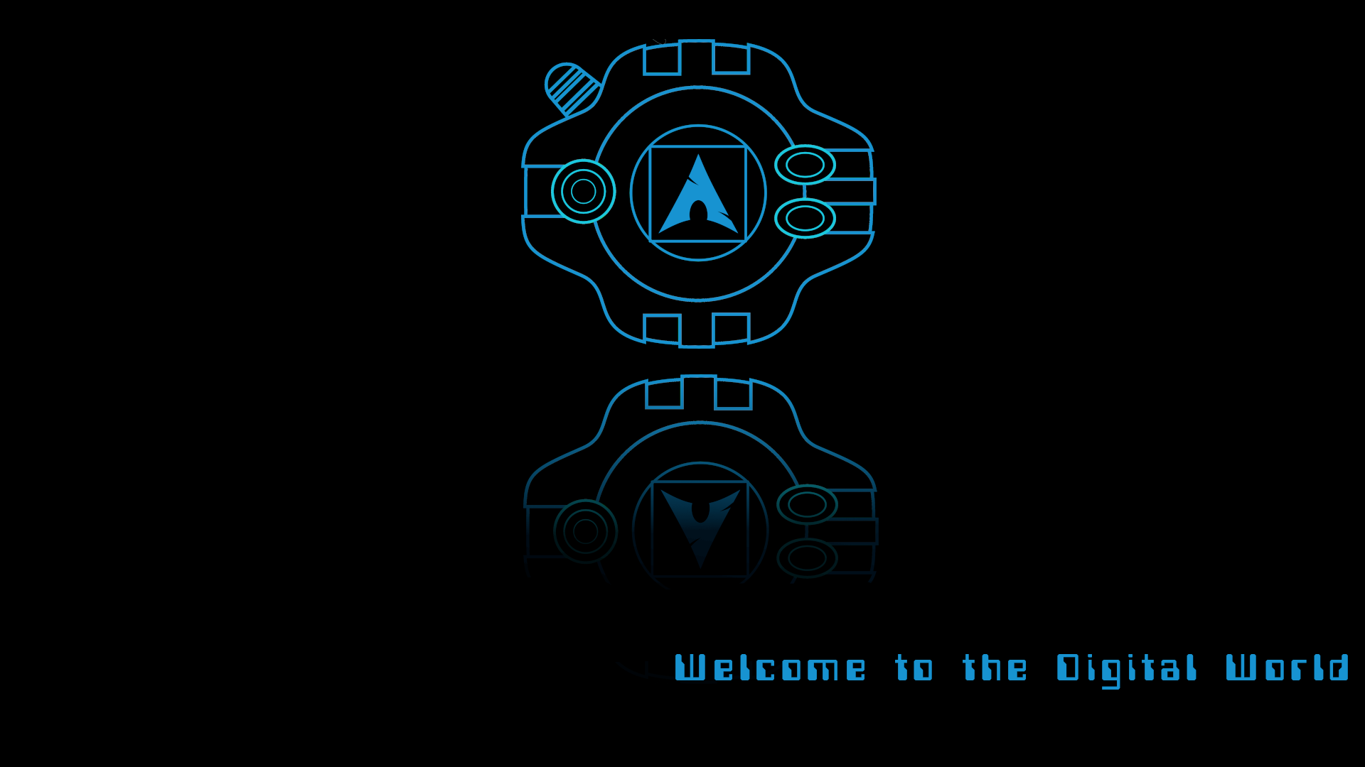 Digivice with Arch Linux logo and "Welcome to the Digital World" text HD Wallpaper