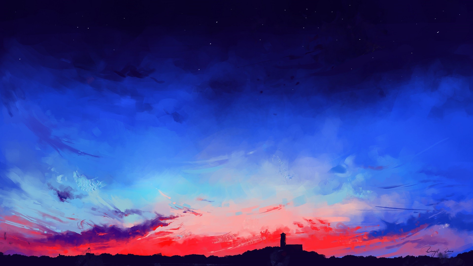 Artwork of a lighthouse at sunset with stars HD Wallpaper