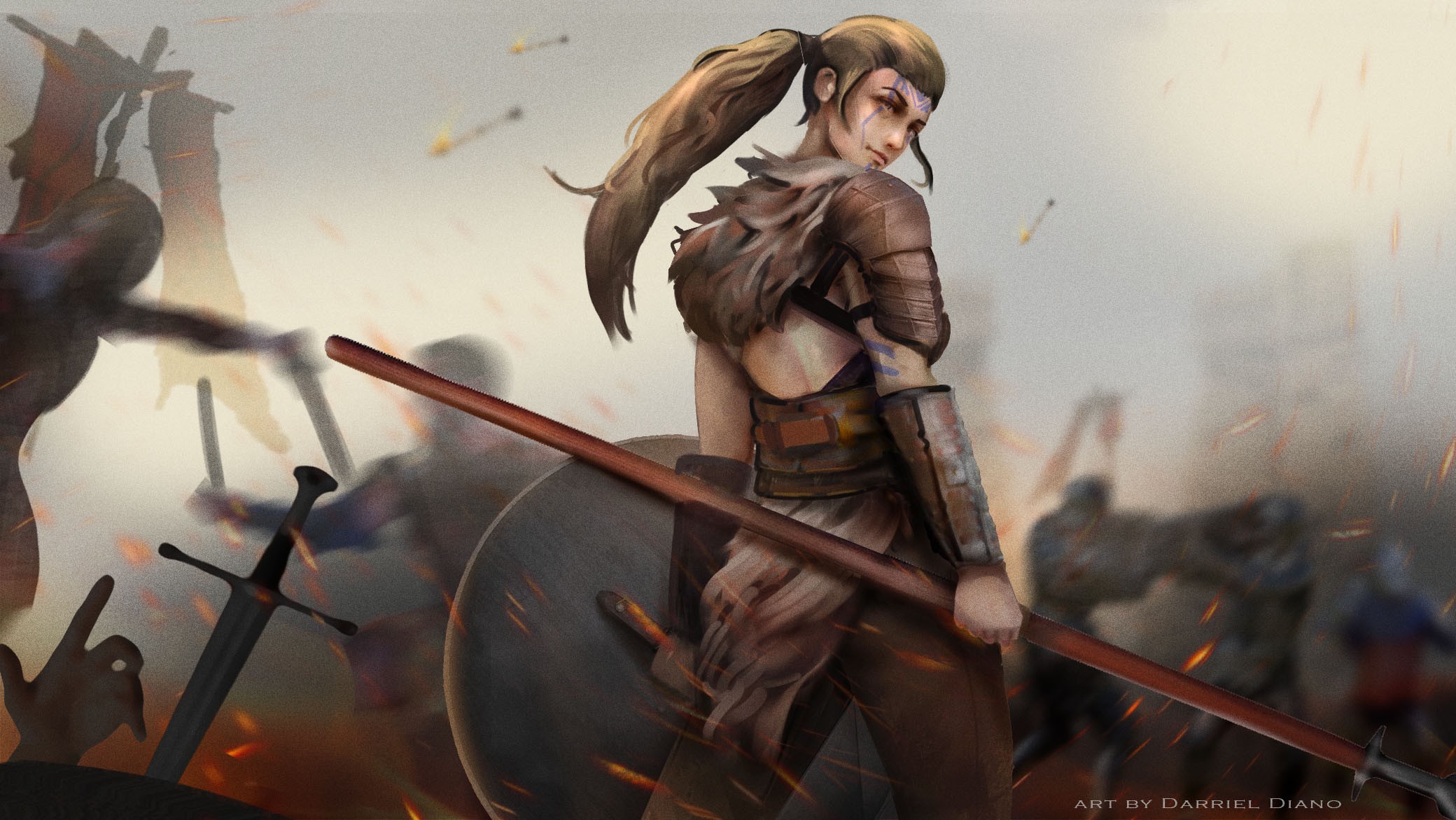 Warrior woman with spear and shield in battle HD Wallpaper