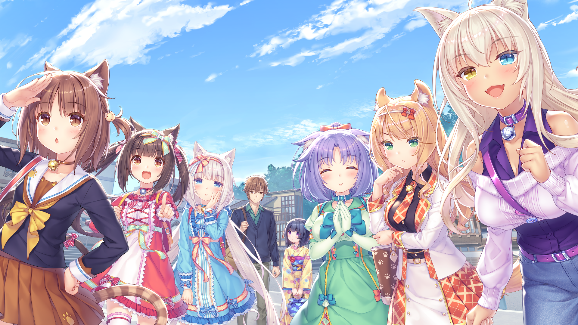 Neko Para characters in front of buildings and trees HD Wallpaper