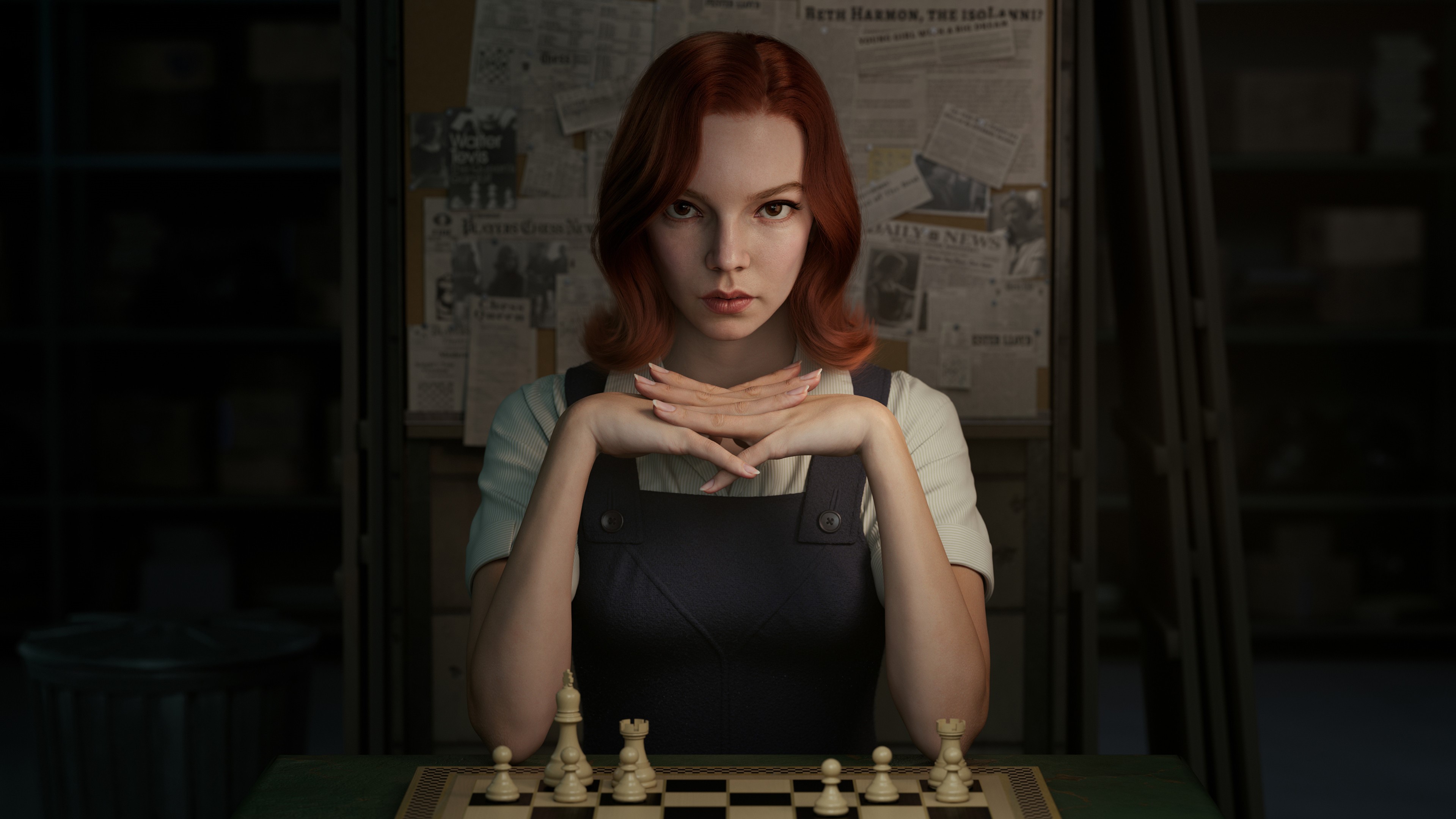 Beth Harmon from The Queen's Gambit playing chess HD Wallpaper