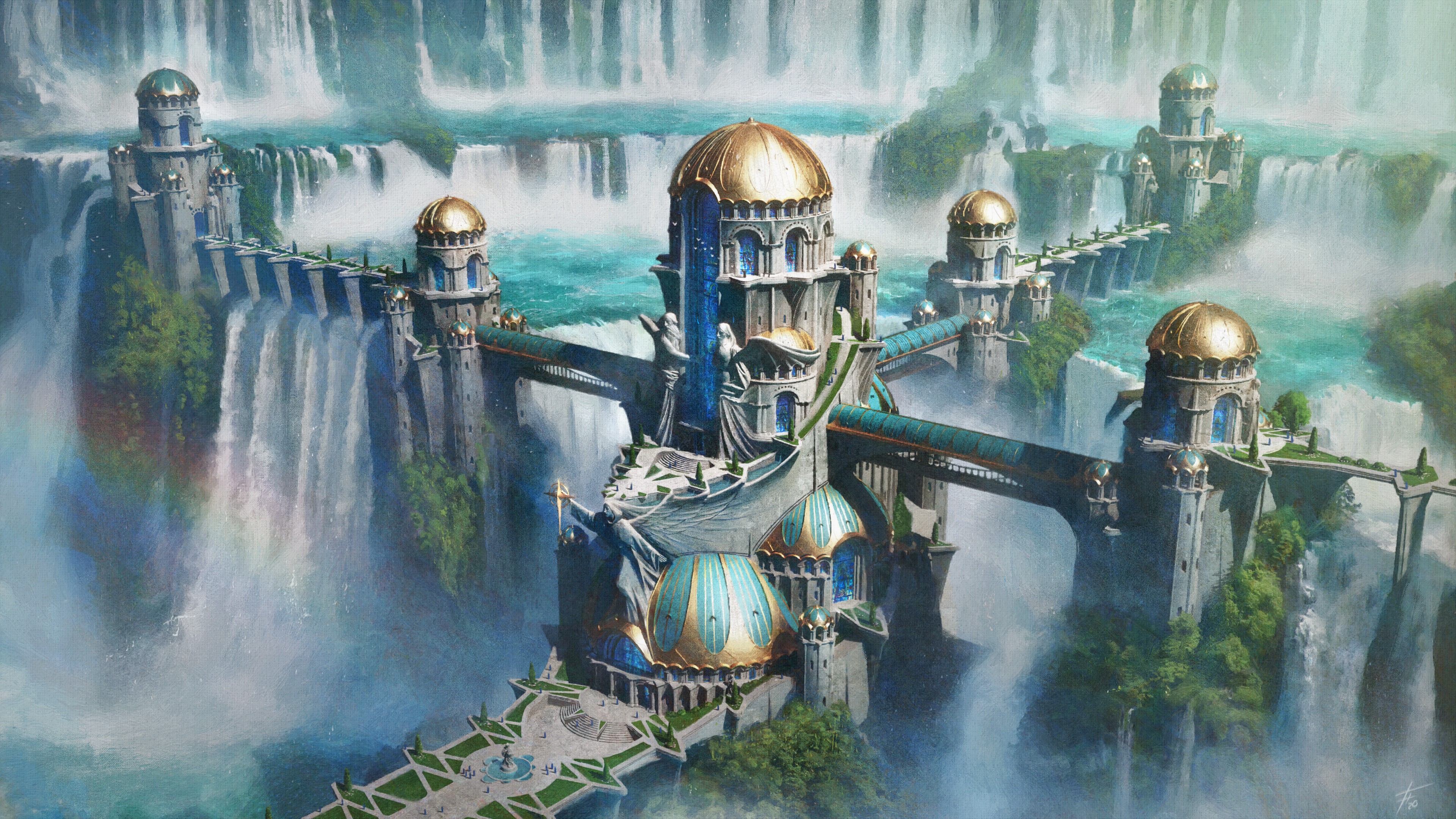 Fantasy city with golden domes and waterfalls HD Wallpaper