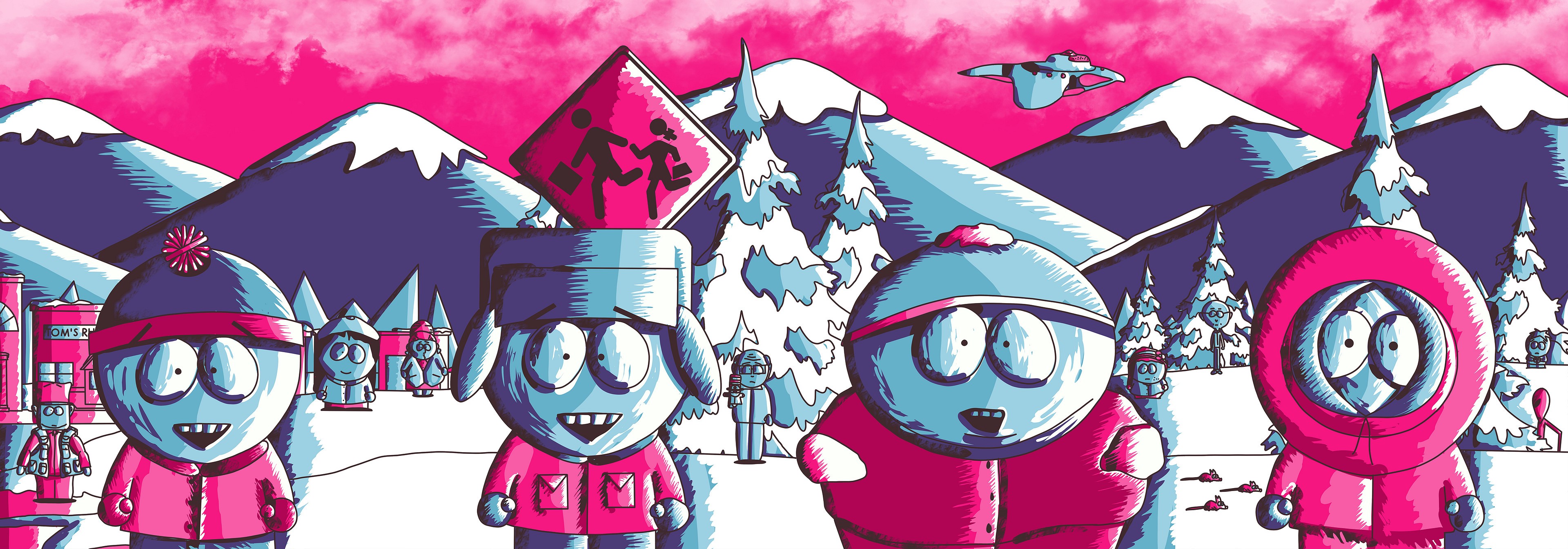 South Park characters in a snowy landscape with a UFO HD Wallpaper