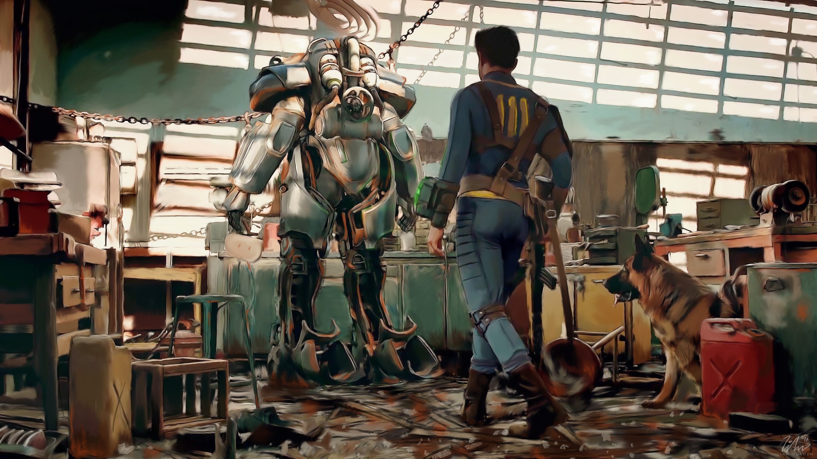 Man in Power Armor with Dog in Workshop from Fallout 4 HD Wallpaper
