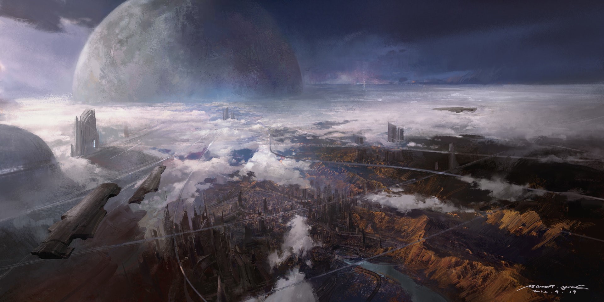 Futuristic city on a planet with a large moon HD Wallpaper