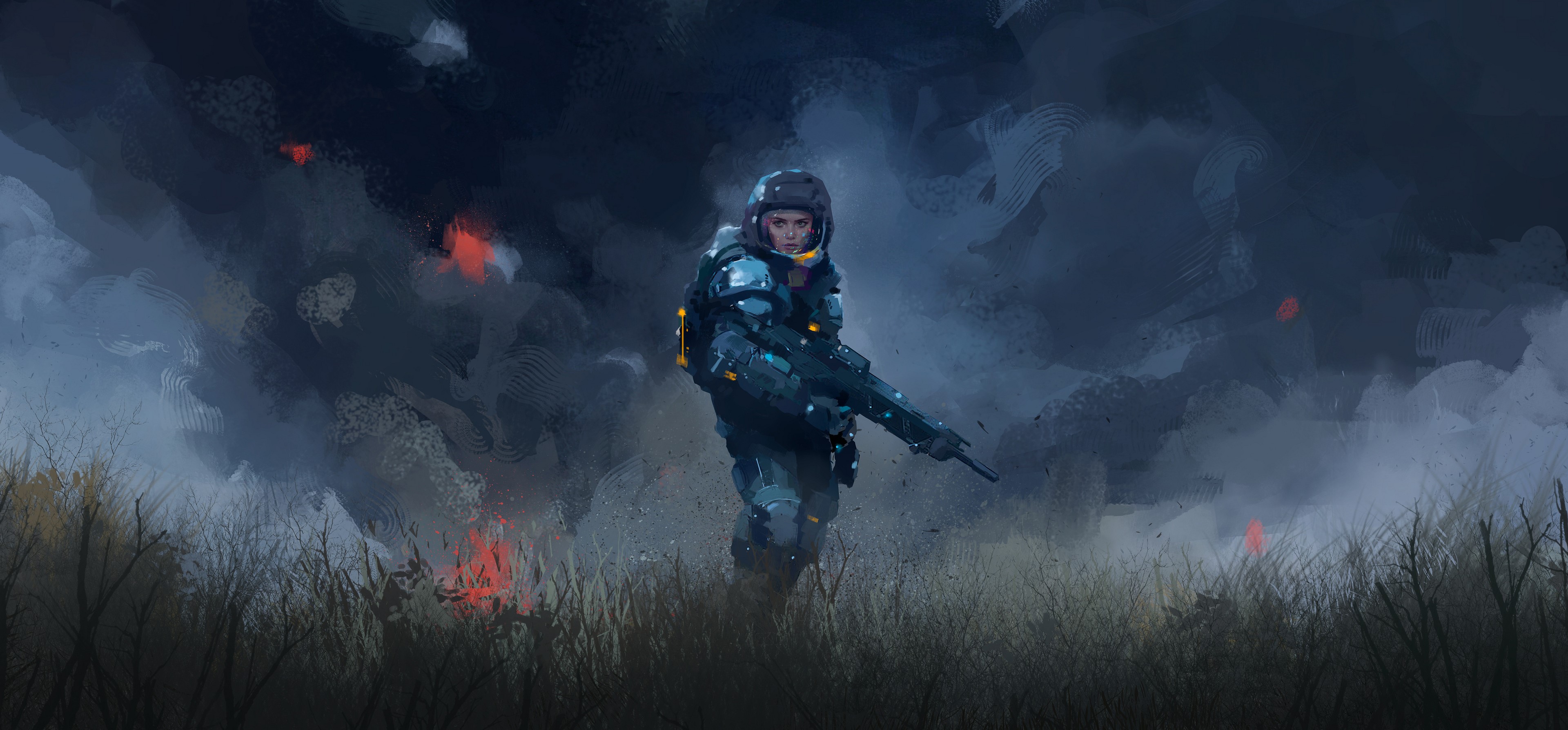 Soldier in futuristic armor with assault rifle in smoke HD Wallpaper