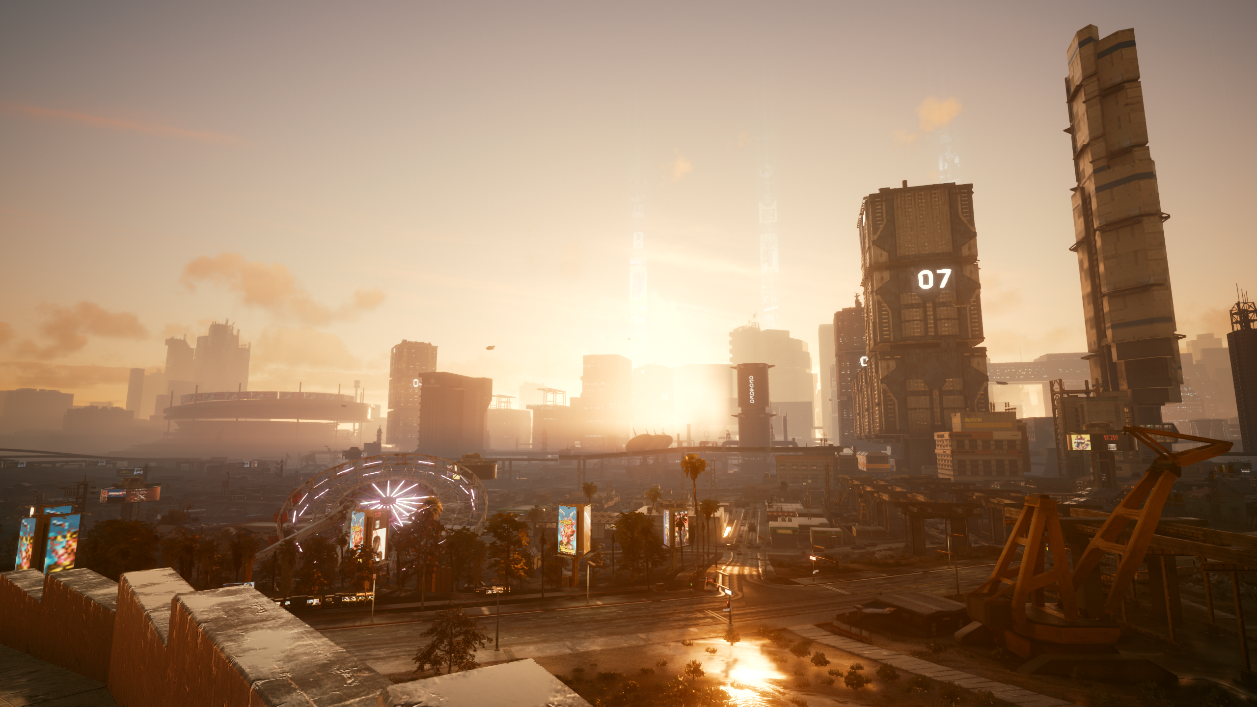 Cyberpunk 2077 cityscape at sunset with Ferris wheel HD Wallpaper