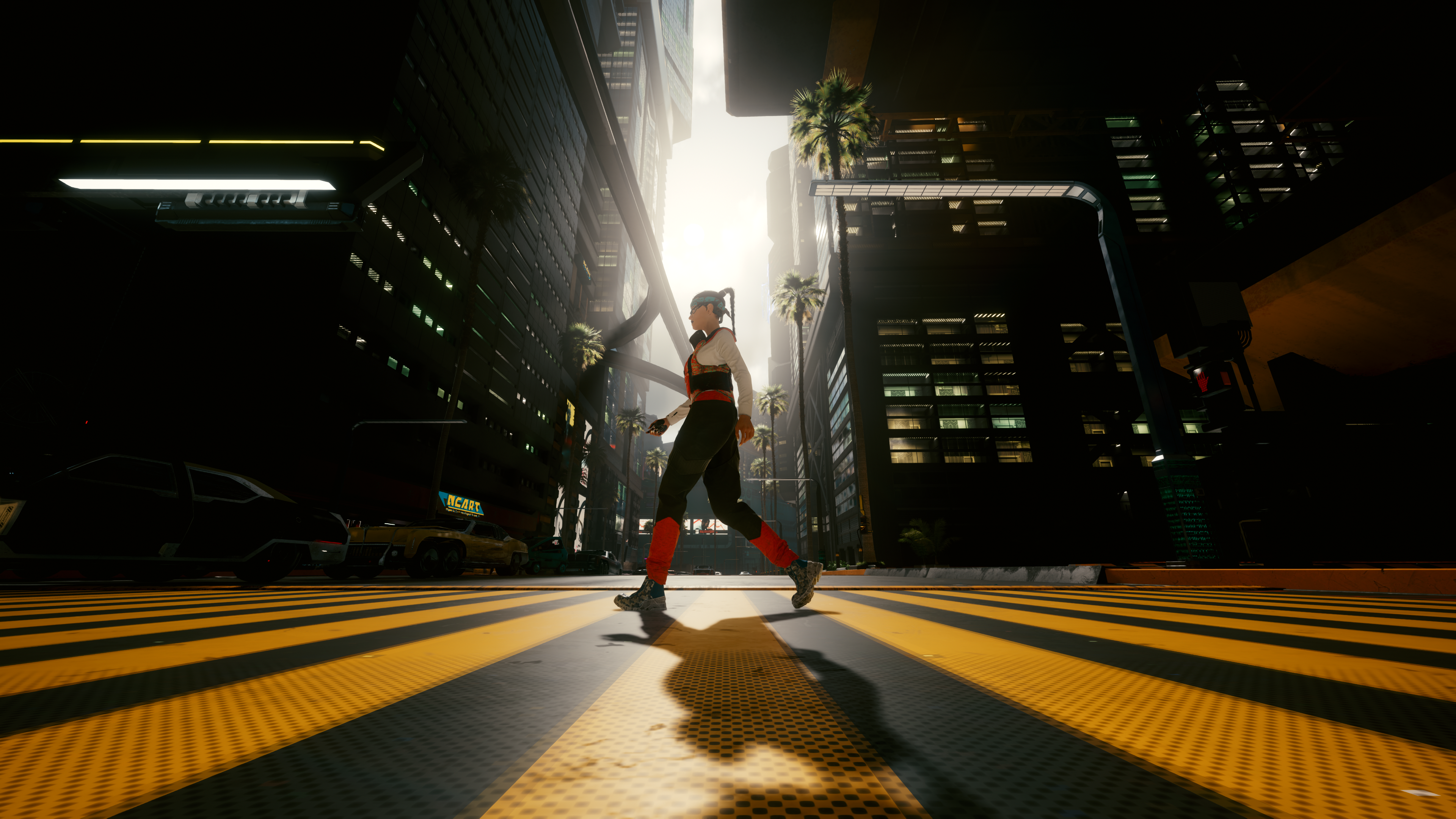 Woman crossing street in Cyberpunk 2077 city HD Wallpaper