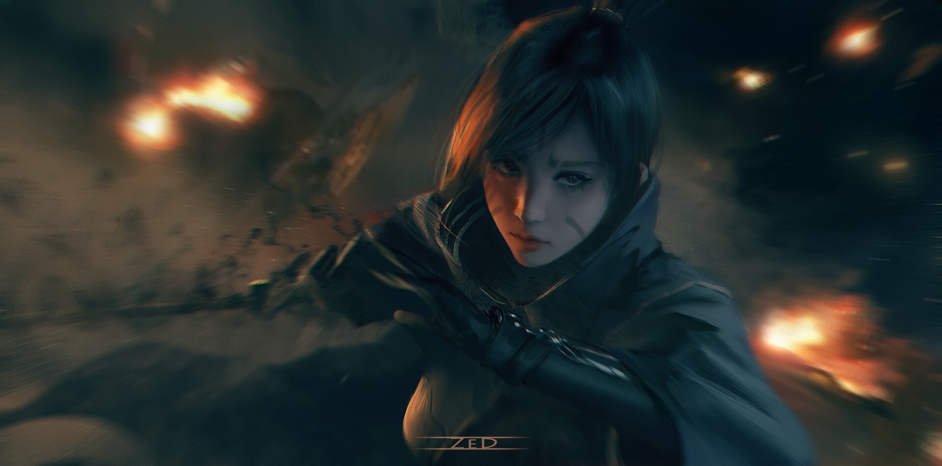 Woman with ponytail and face paint in motion blur HD Wallpaper