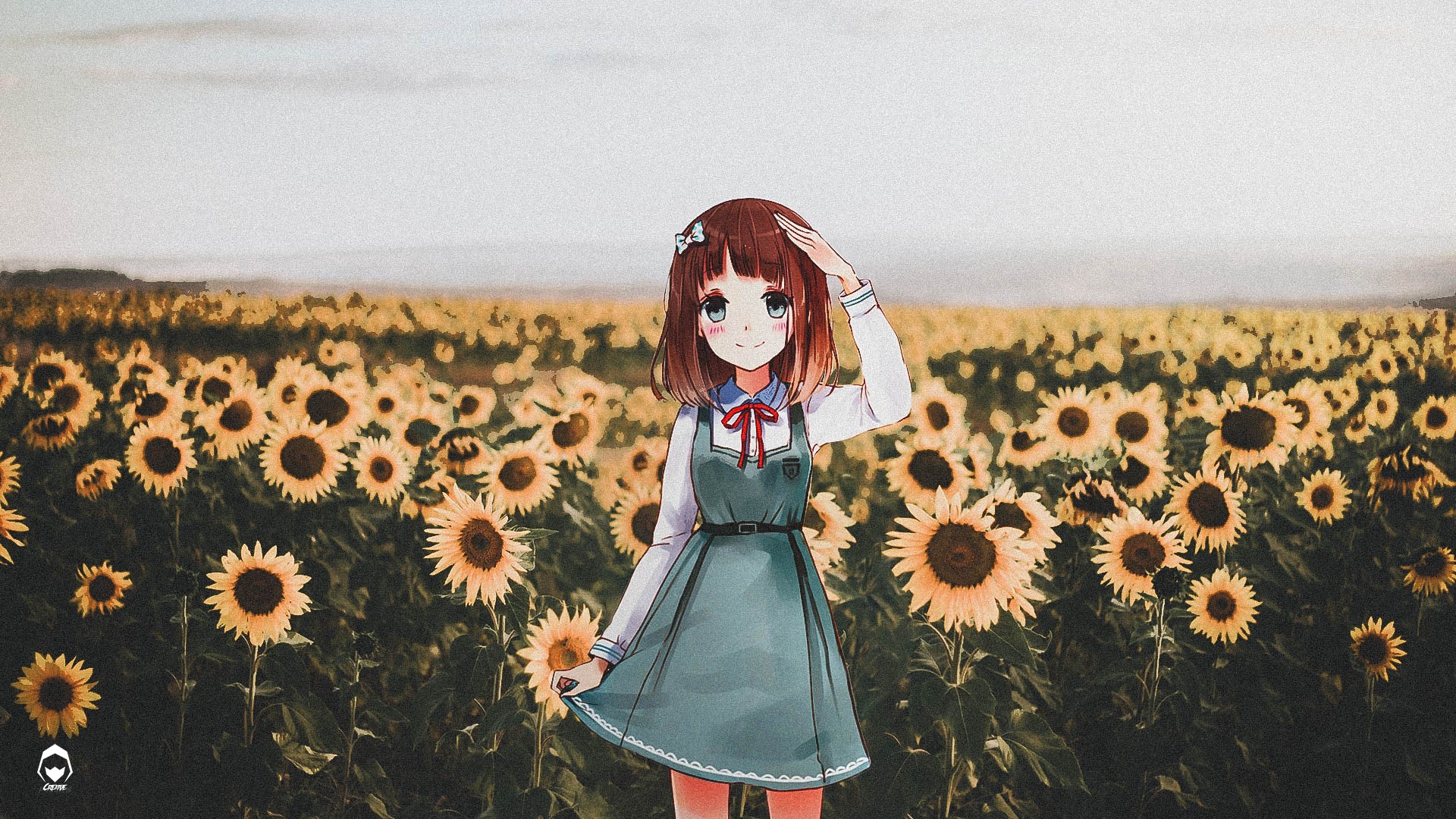 Anime girl in a sunflower field HD Wallpaper