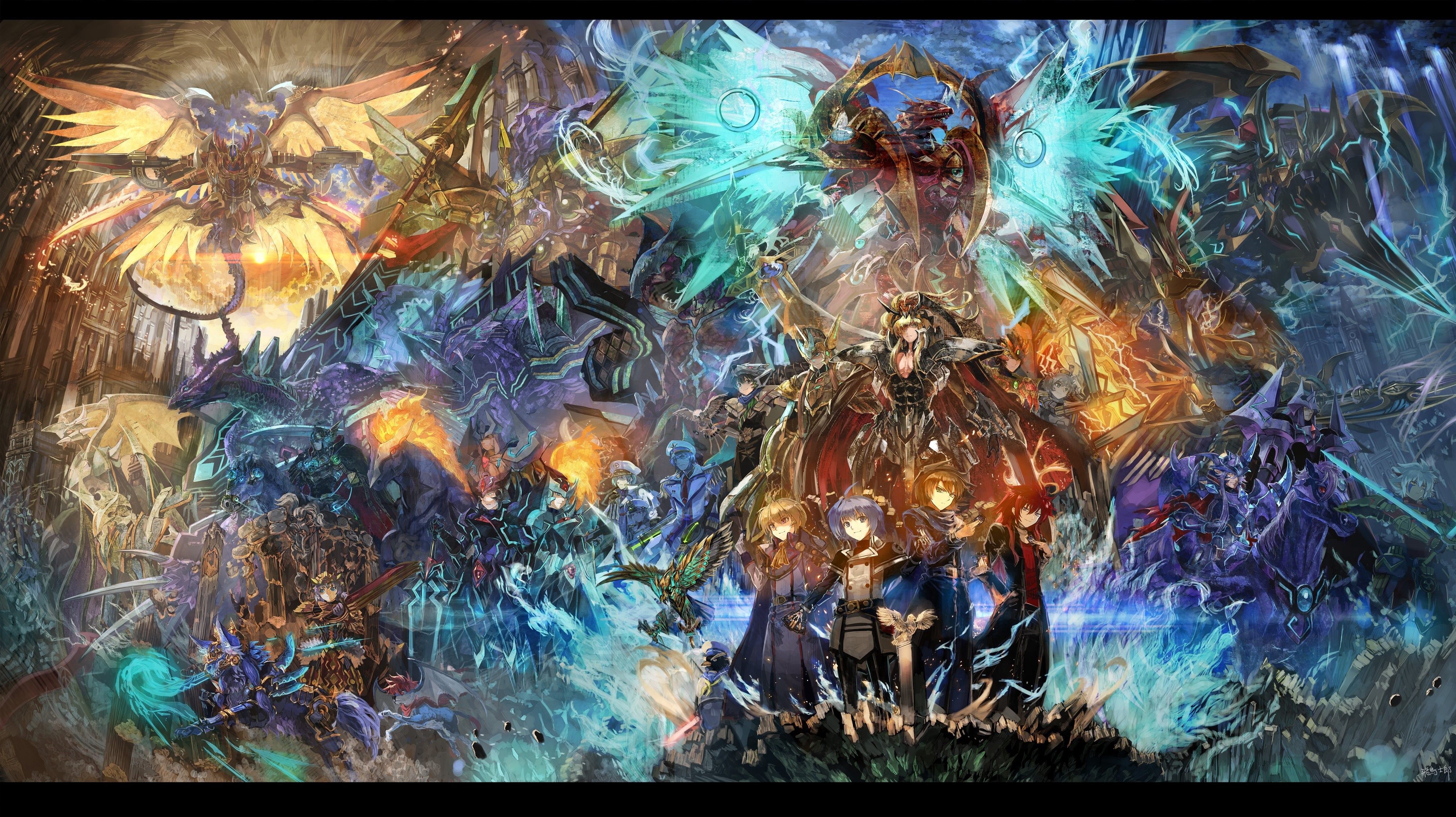 Anime characters and dragons in battle HD Wallpaper