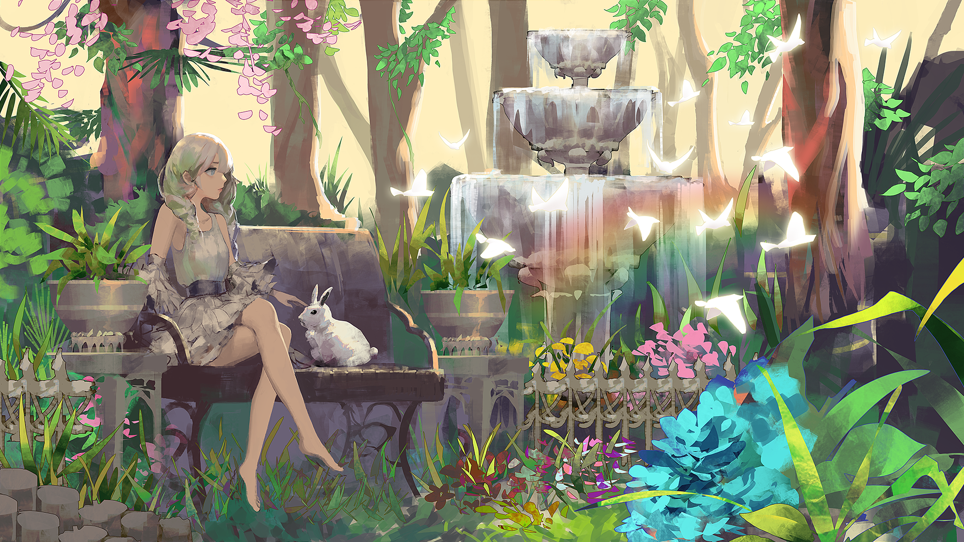 Anime girl with rabbit in a garden with fountain HD Wallpaper