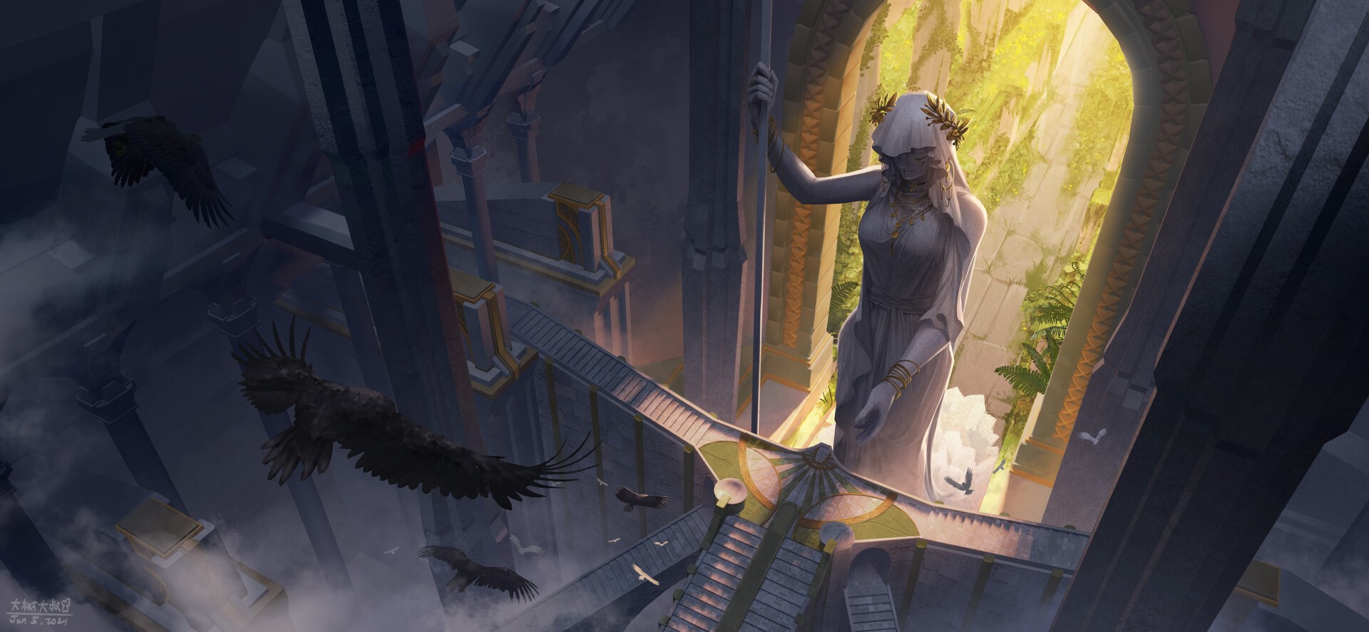 Birds flying in a grand ancient structure with a statue HD Wallpaper