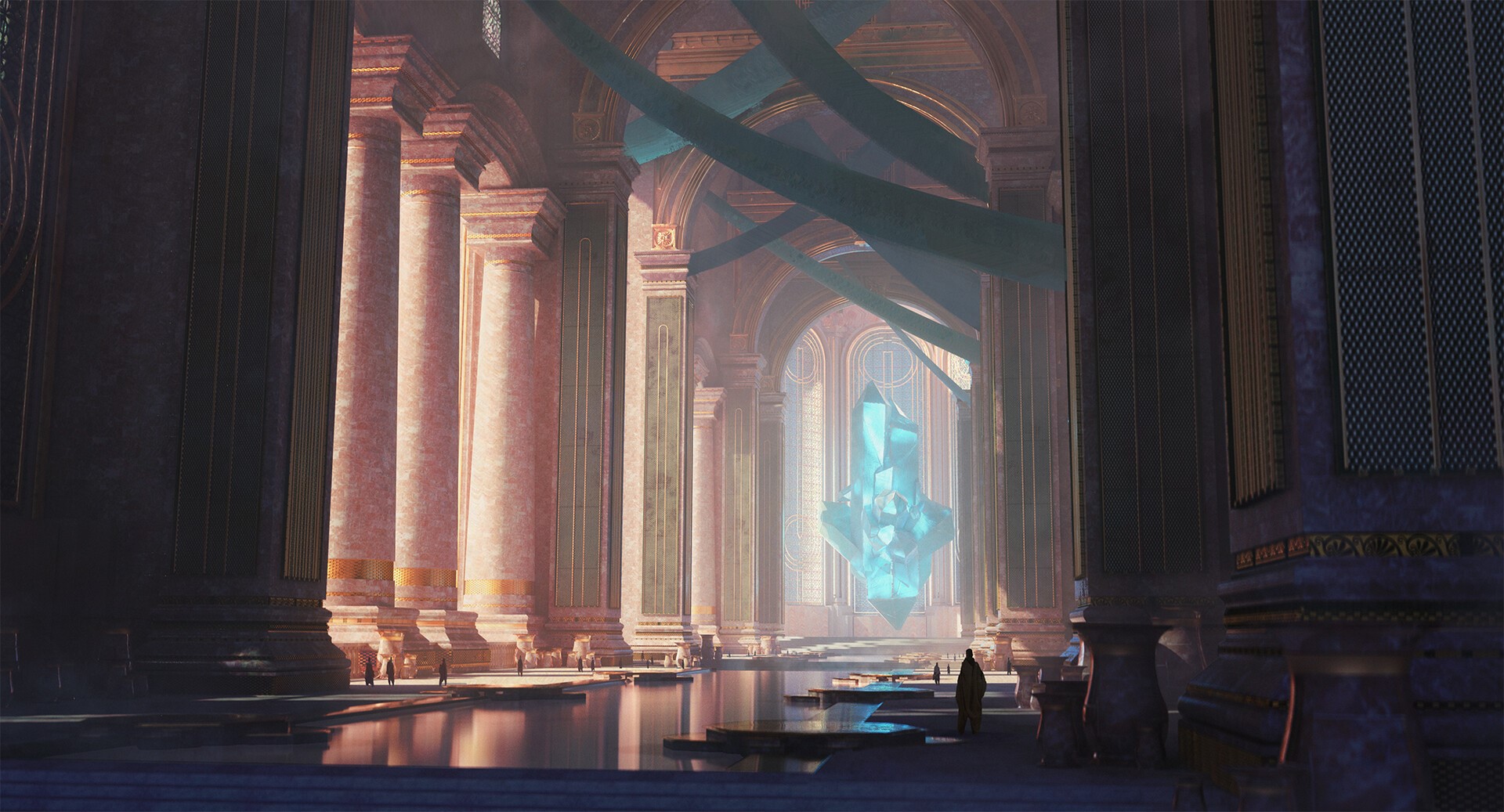 Grand hall with pillars and a large crystal HD Wallpaper