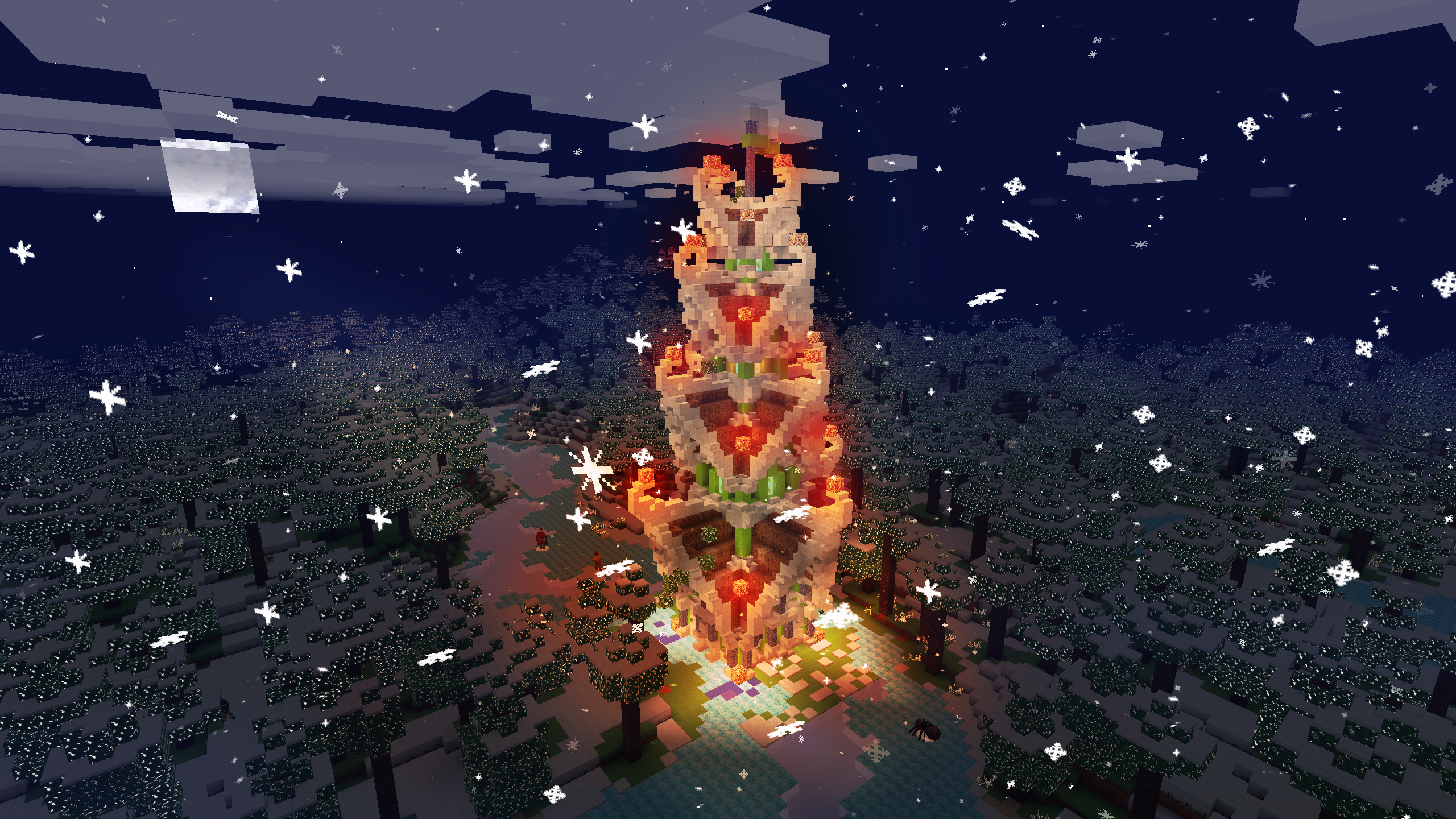 Minecraft tower in a snowy forest at night HD Wallpaper