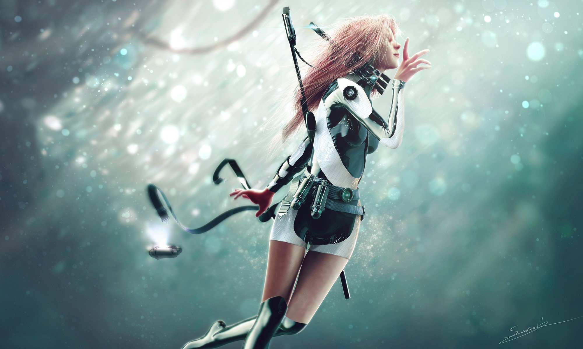 Woman in futuristic suit floating in water HD Wallpaper