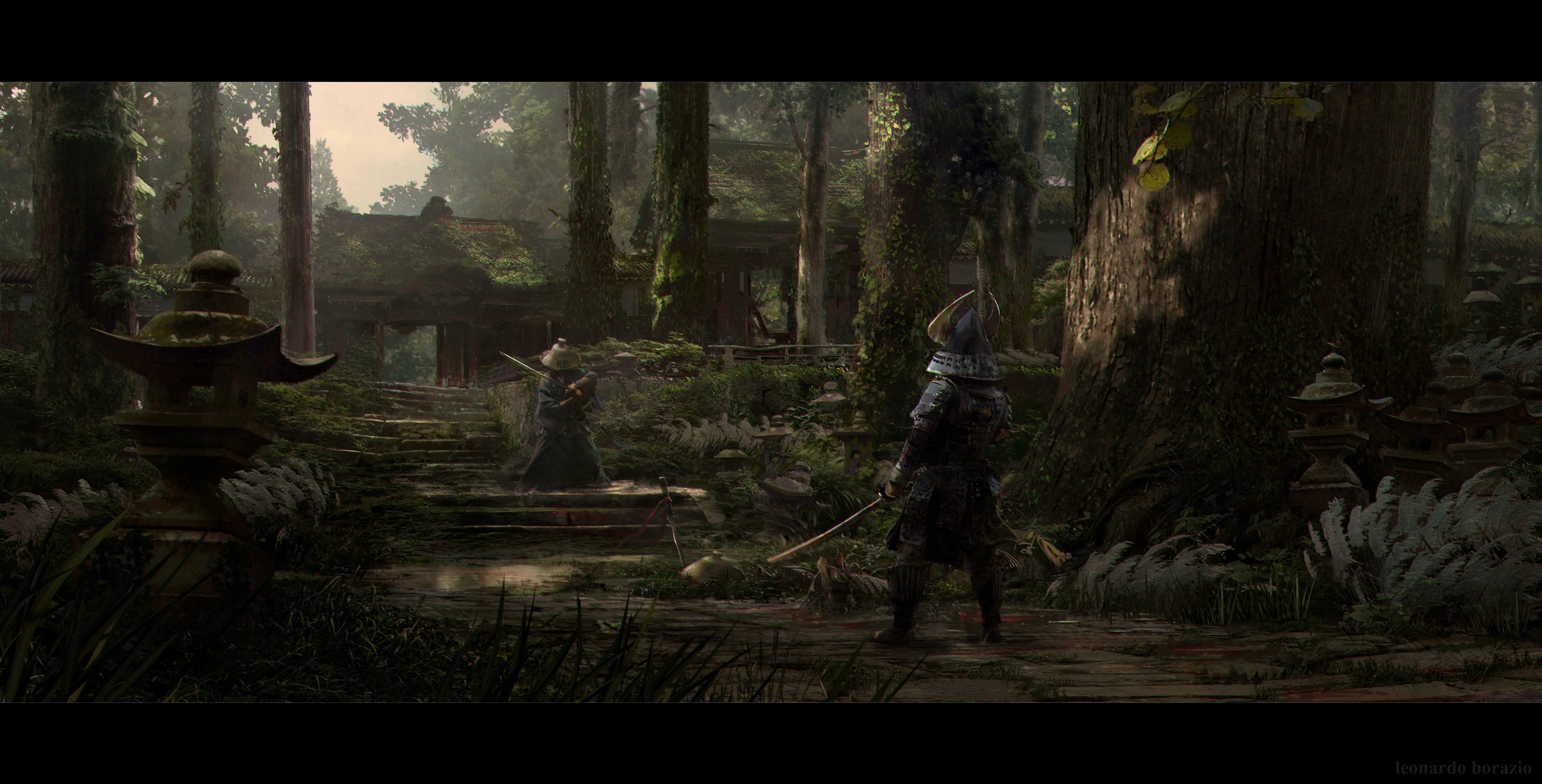 Two samurai with katanas in a forest HD Wallpaper